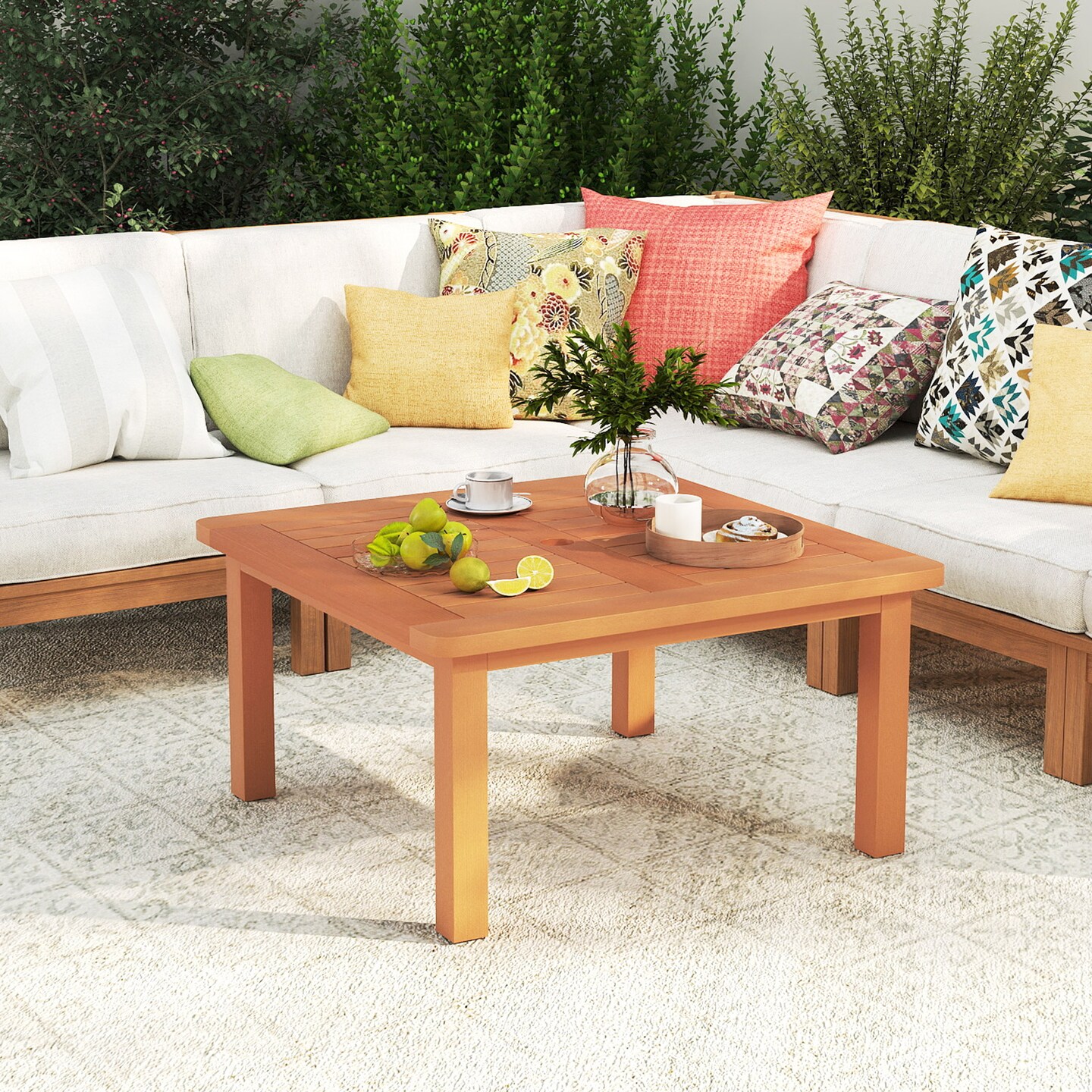 Natural Wood Patio Coffee Table with Umbrella Hole and Teak Oil Finish