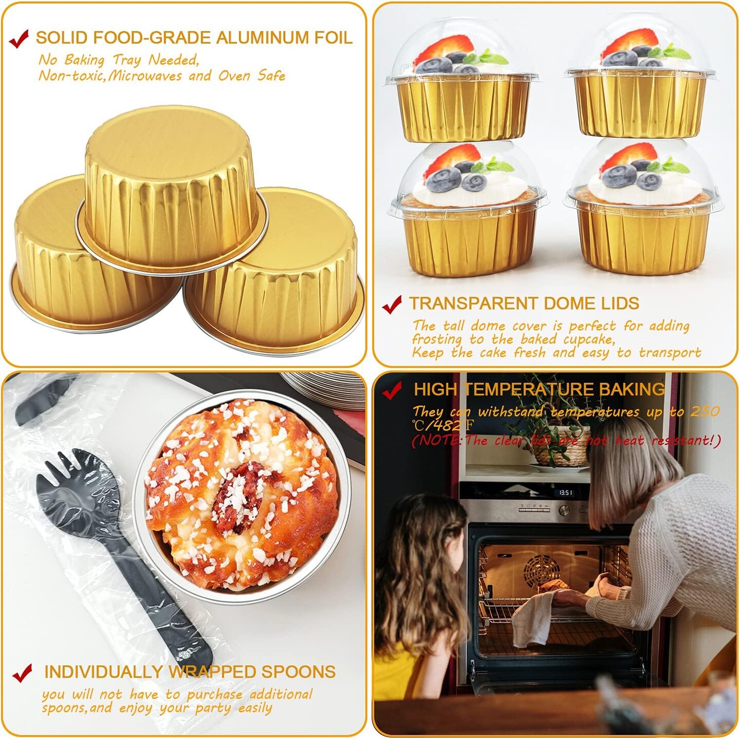 Cupcake Liners with Dome Lids 50 Pack,Free-Air 5oz Foil Baking Cups Muffin Tins,Disposable Ramekins Jumbo Muffin Liners for Wedding Birthday Party,with 50 Spoons-Gold