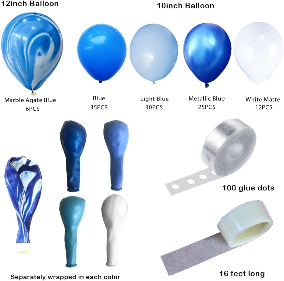 Blue Balloons Garland Arch Kit, 108 Pcs Blue White Marble Balloons for Graduation Birthday Baby Shower Wedding Party Decorations