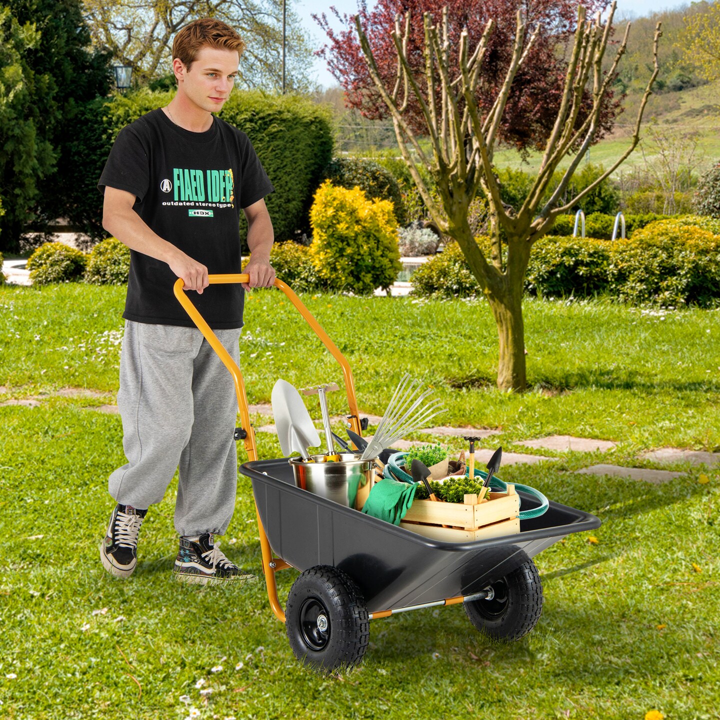 Folding Garden Cart with Dual-Wheel Wheelbarrow and 330lbs Capacity