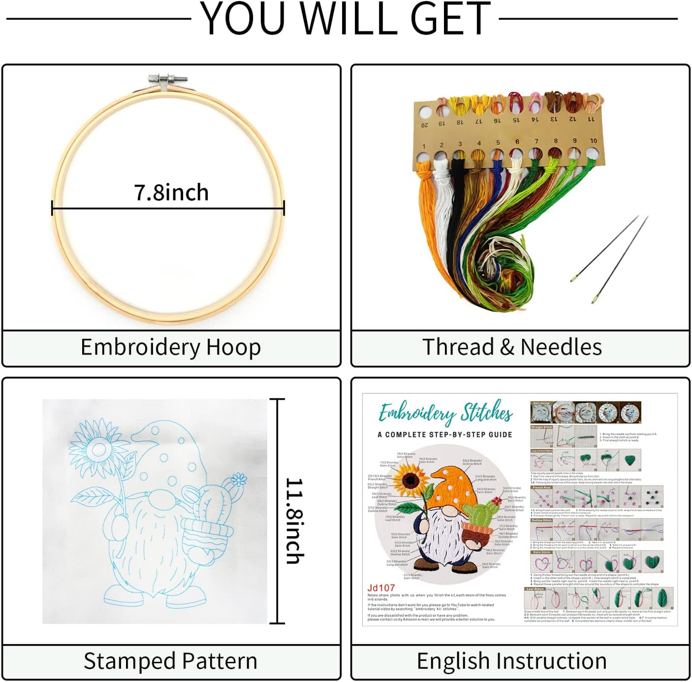 Sunflower Embroidery Kit for Beginners, Full Set of Stamped Gnome Cross Stitch Kit 8.46 x 7.87 x 0.59 inches