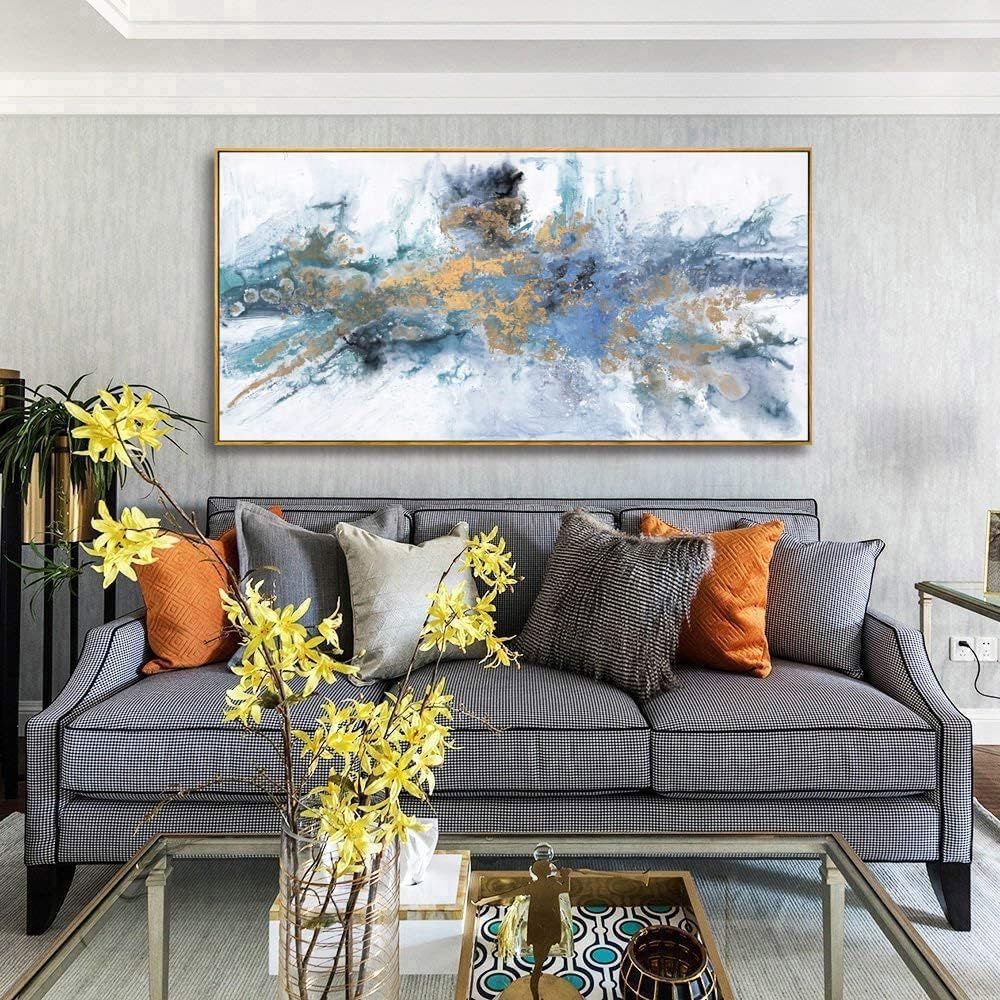 Wall Art Framed Ready to Hang Wall Art Modern Fantasy Paintings Navy Blue Yellow Abstract Wall Art Prints Canvas Painting Large Size for Living Room Bedroom Office Decoration 20"x40"