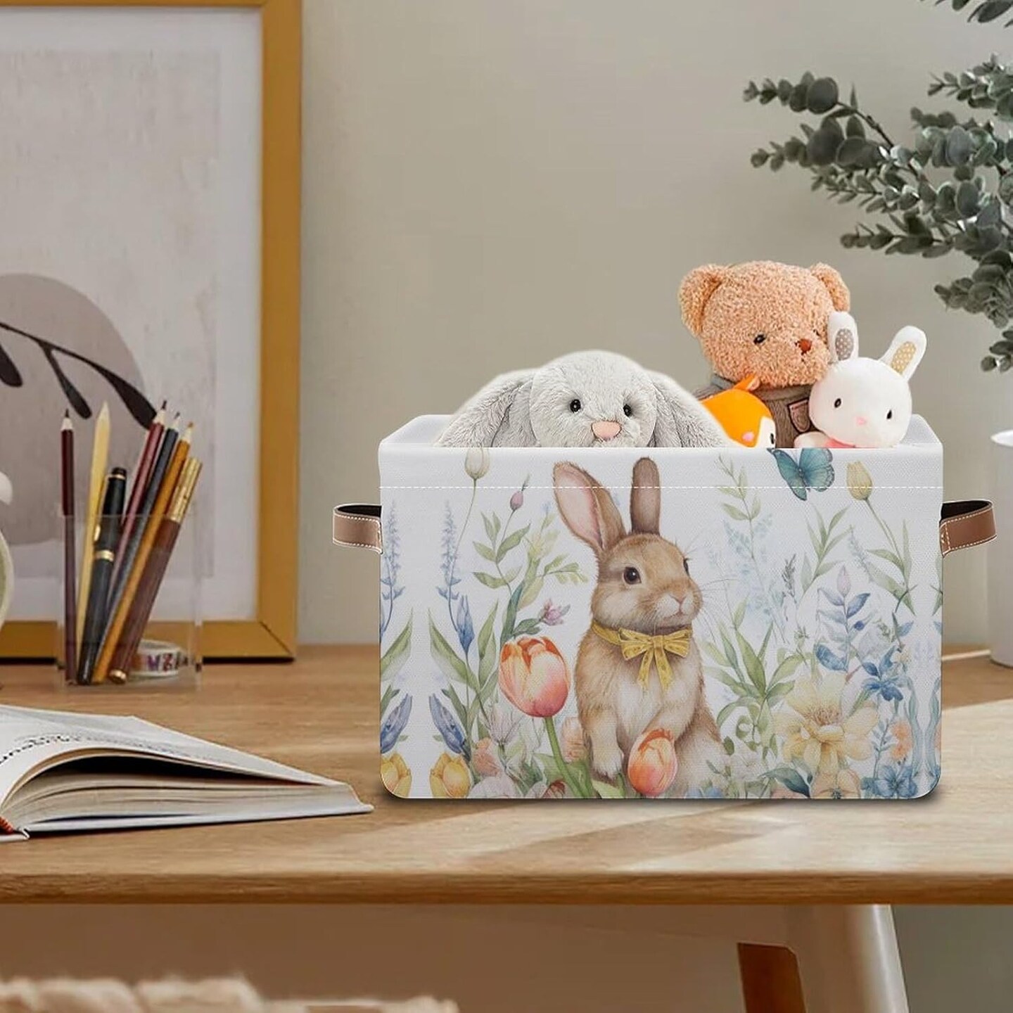 Easter Foldable Storage Baskets,Grass Rabbit Storage Bins with Handles, Decorative Cloth Organizer Storage Boxes for Home Office