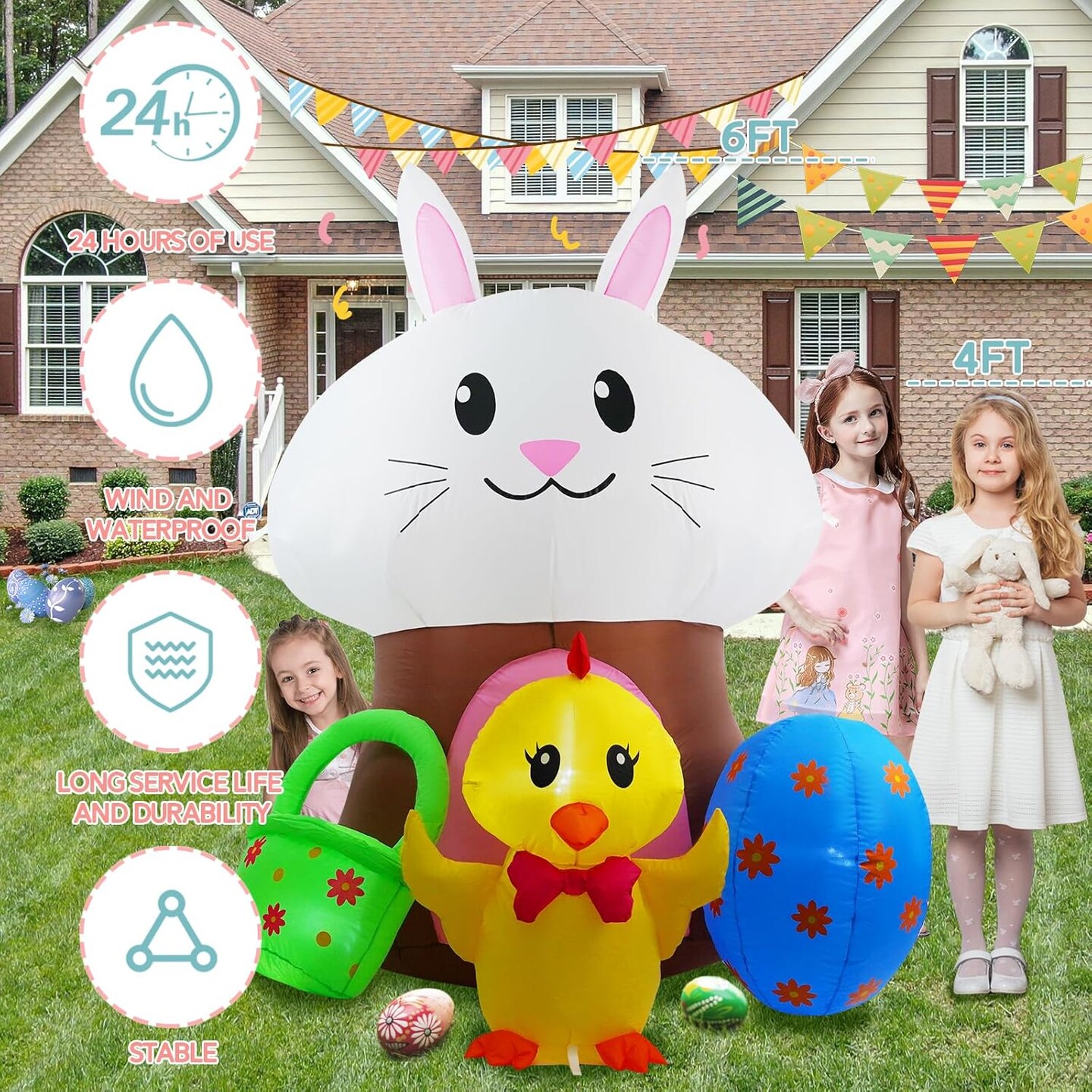 6 FT Easter Inflatable Yard Decorations, Mushroom Rabbit and Colored Egg Chicken Light up Outdoor Decor for Holiday Party Indoor Outdoor Garden Lawn