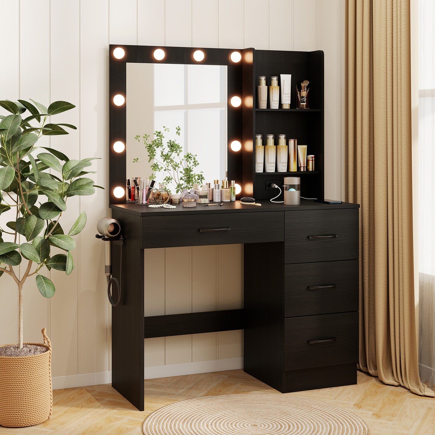 MDF Vanity Desk with Mirror, 3-Color Lighting, Storage and Charging Station