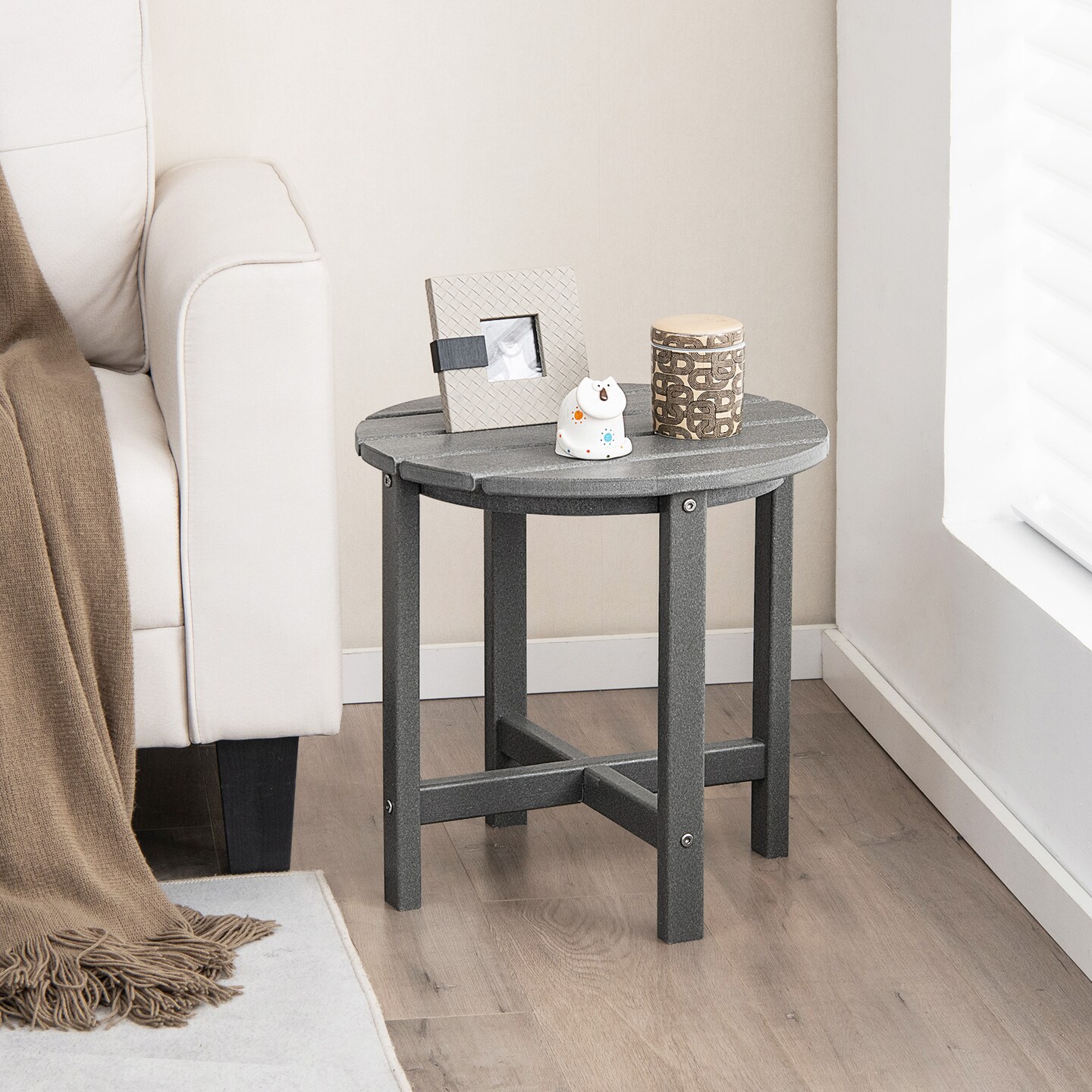 18 Inch Set of 2 Round Outdoor Adirondack Side Tables with Slatted Design and X-Shaped Structure