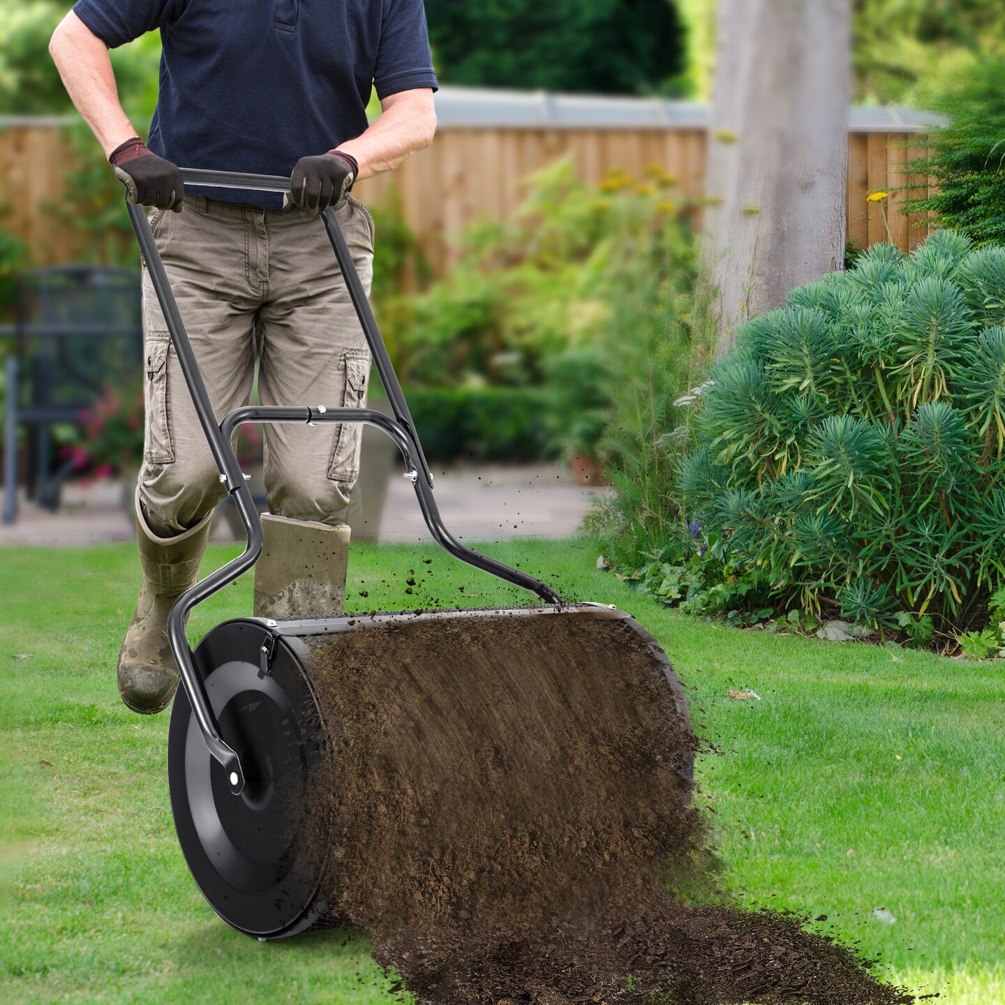 24 Inch Black Peat Moss Spreader with U-shape Handle and Metal Frame