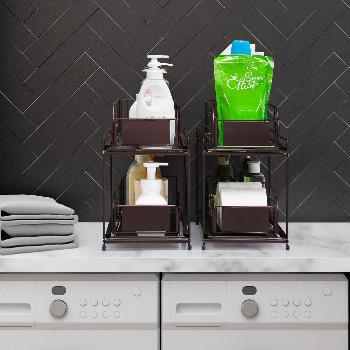 Set of 2 Heavy-Duty Under Sink Organizers with Sliding Drawers &#x2013; Rust-Resistant Metal Frame, 50LB Capacity, Adjustable Storage Baskets for Kitchen/Bathroom (14.17&#x22;L x 7.48&#x22;W)