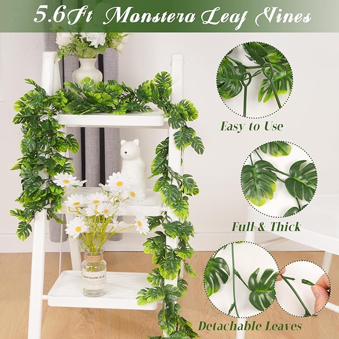 4Pcs Artificial Monstera Leaf Vines, 5.6Ft Fake Hanging Greenery Plants Tropical Palm Leaves Ivy Vine Monstera Garland for Home Garden Porch Patio Hawaiian Party Indoor Outdoor D&#xE9;cor