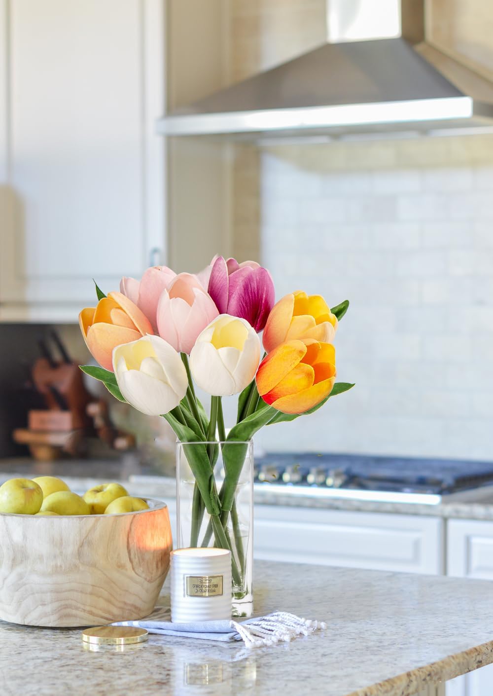 Artificial Tulip Flower Arrangement – Multi-Color Real Touch Foam Tulips in Clear Vase for Home & Office Decor