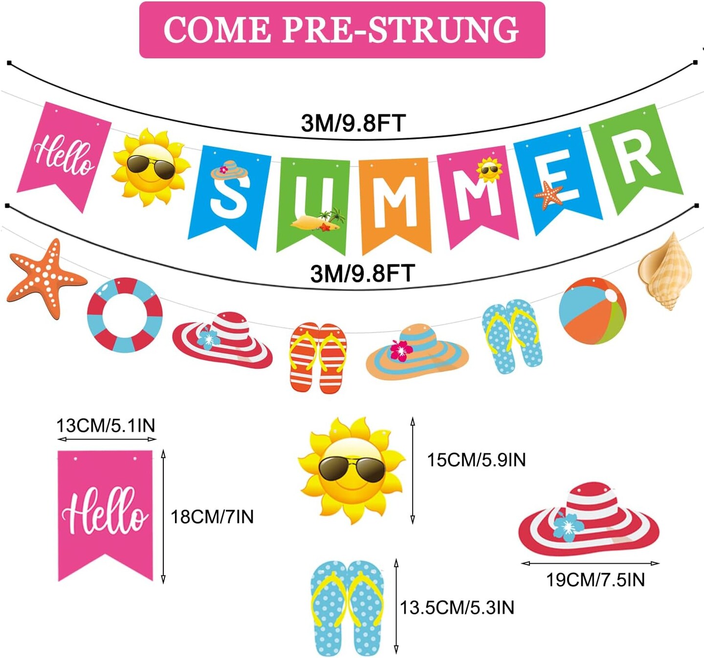 Hello Summer Banner and Beach Patterns Banner Colorful Summer Bunting Banner with Sun Signs Summer Beach Pool Party Banner for Wall Mantle Fireplace Party Hanging Decorations