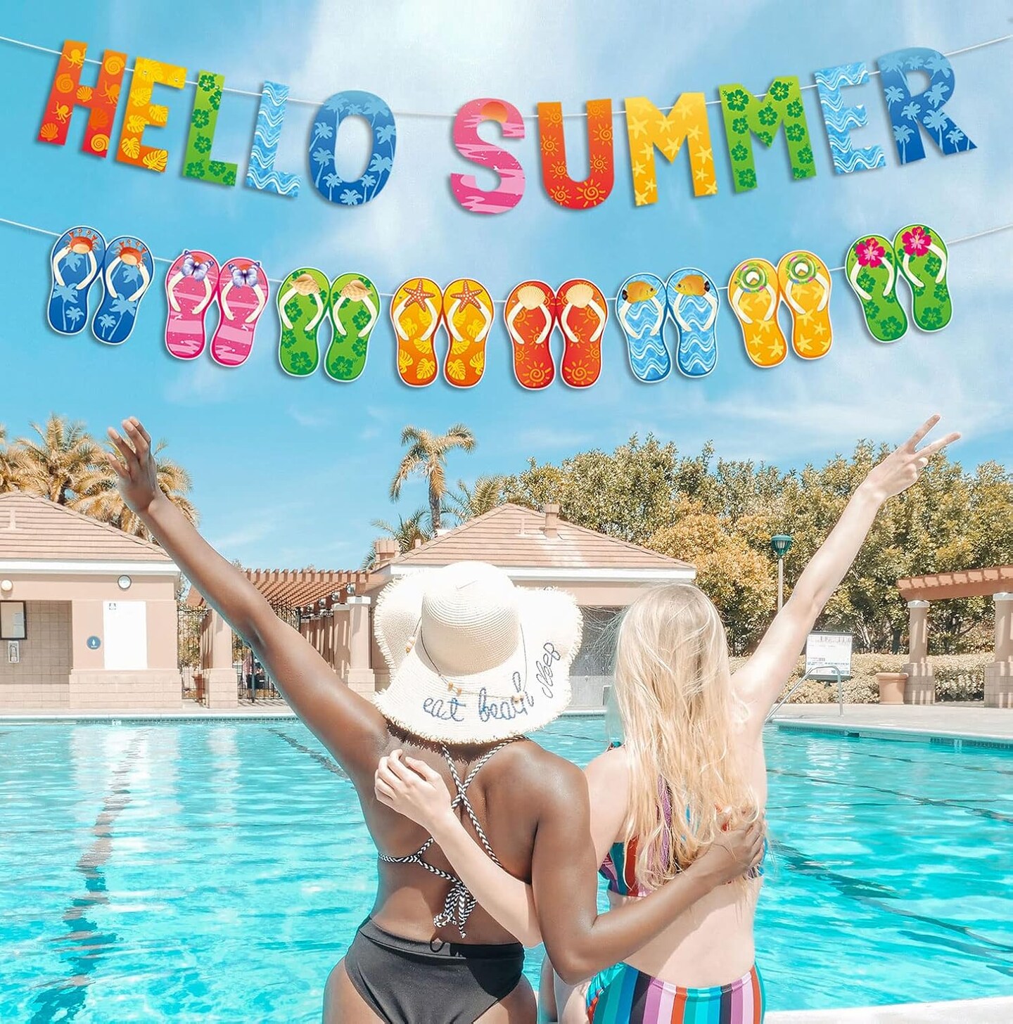 Hello Summer Banner and Colorful Flip Flop Banner Summer Hawaiian Tropical Beach Pool Slippers Garland Banner Summer Holiday