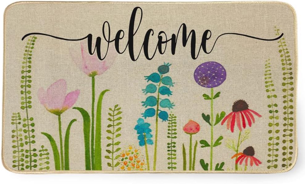 Spring Welcome Mat Flower Seasonal Outdoor Rug Low-Profile Front Door Non Slip Indoor Doormat 17 Inch x 29 Inch DM007