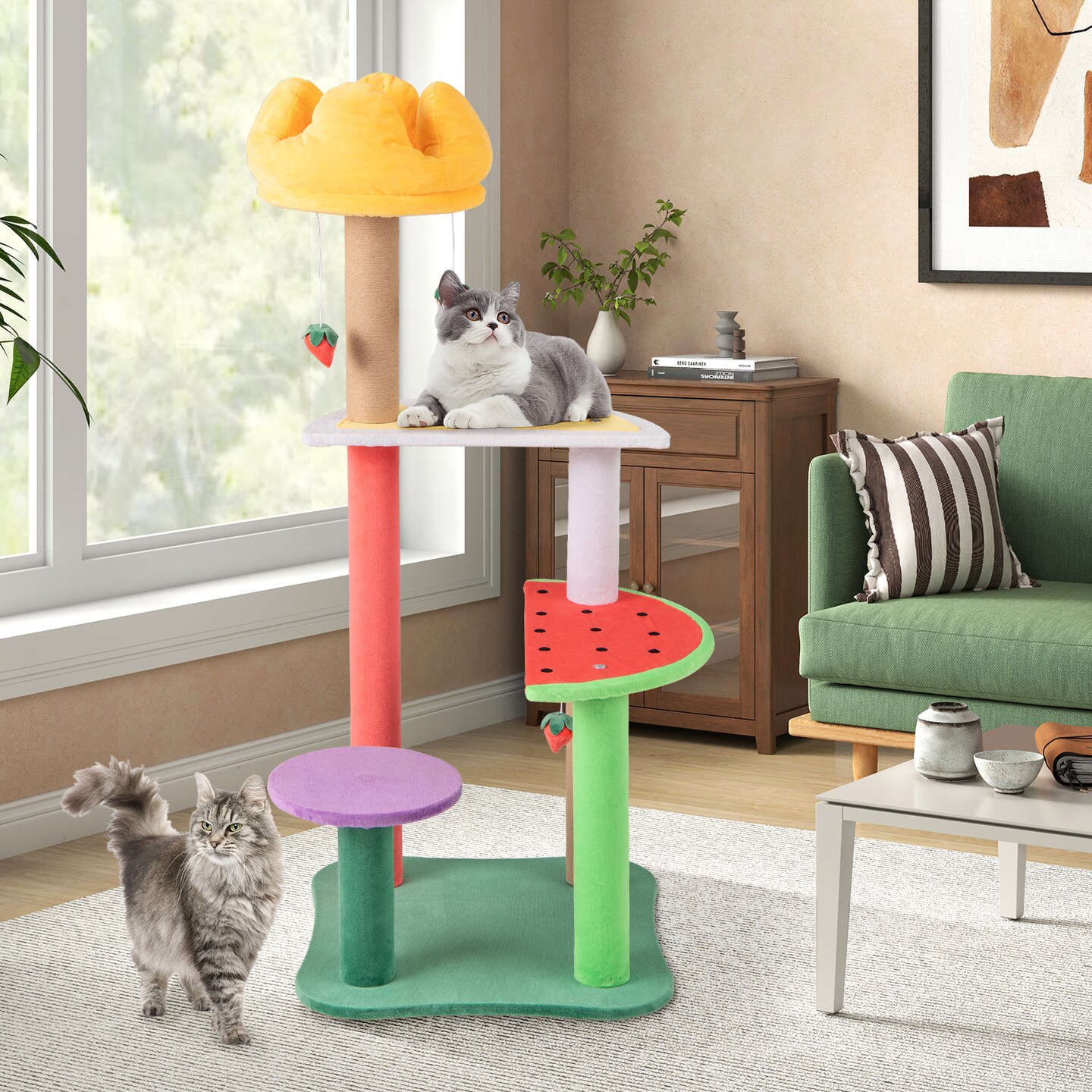Multi-Color Plush Cat Tree with Scratching Posts and Fruit-Themed Perches