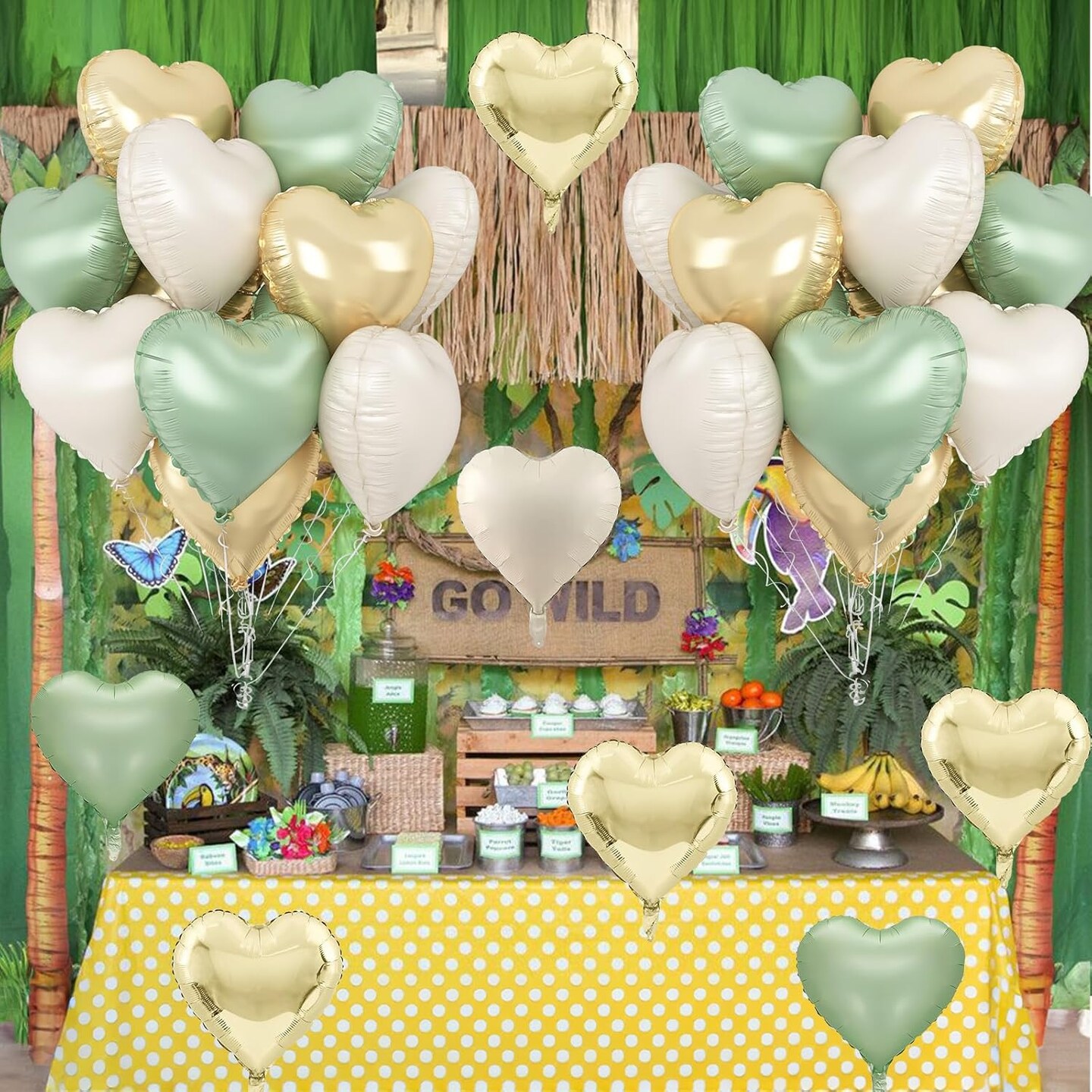 Sage Green Gold Heart Balloons, 12PCS Green Gold Heart Shaped Foil Balloons, 18Inch Green Cream White Heart Helium Mylar Balloon