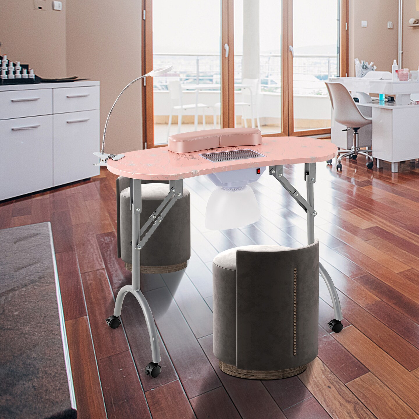 Pink Foldable Manicure Nail Table with 4 Lockable Wheels and LED Table Lamp