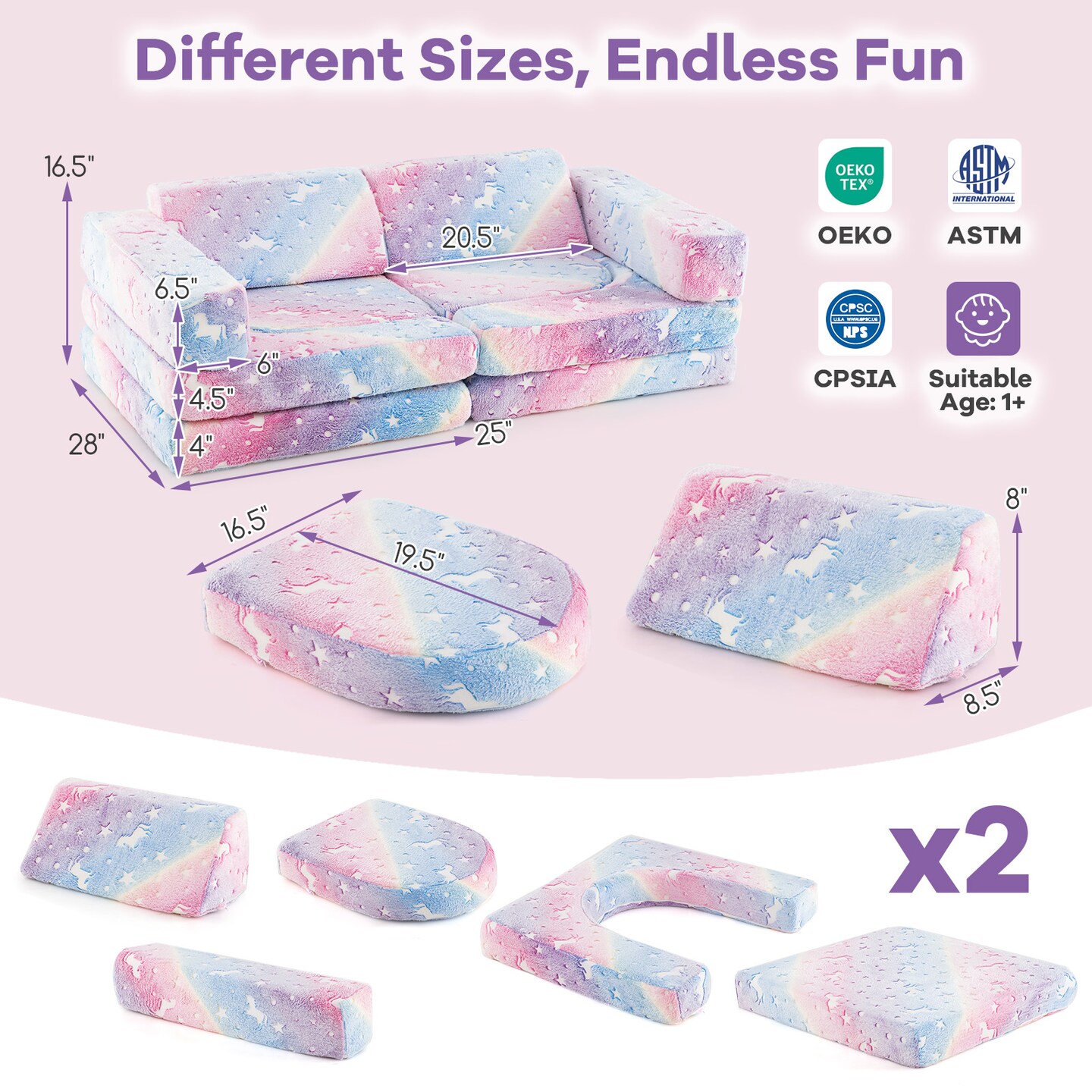 10 Pieces Modular Kids Glow-in-The Dark Sectional Play Couch Sofa Perfect for Kids Room