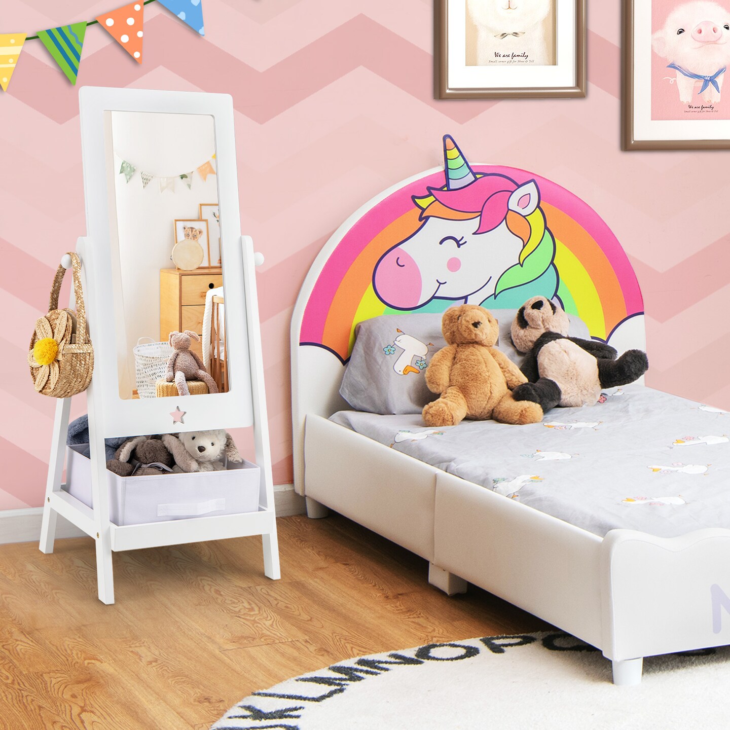 MDF Kids Full-Length Mirror with Storage Shelf, Rotating Acrylic Glass and Star Design