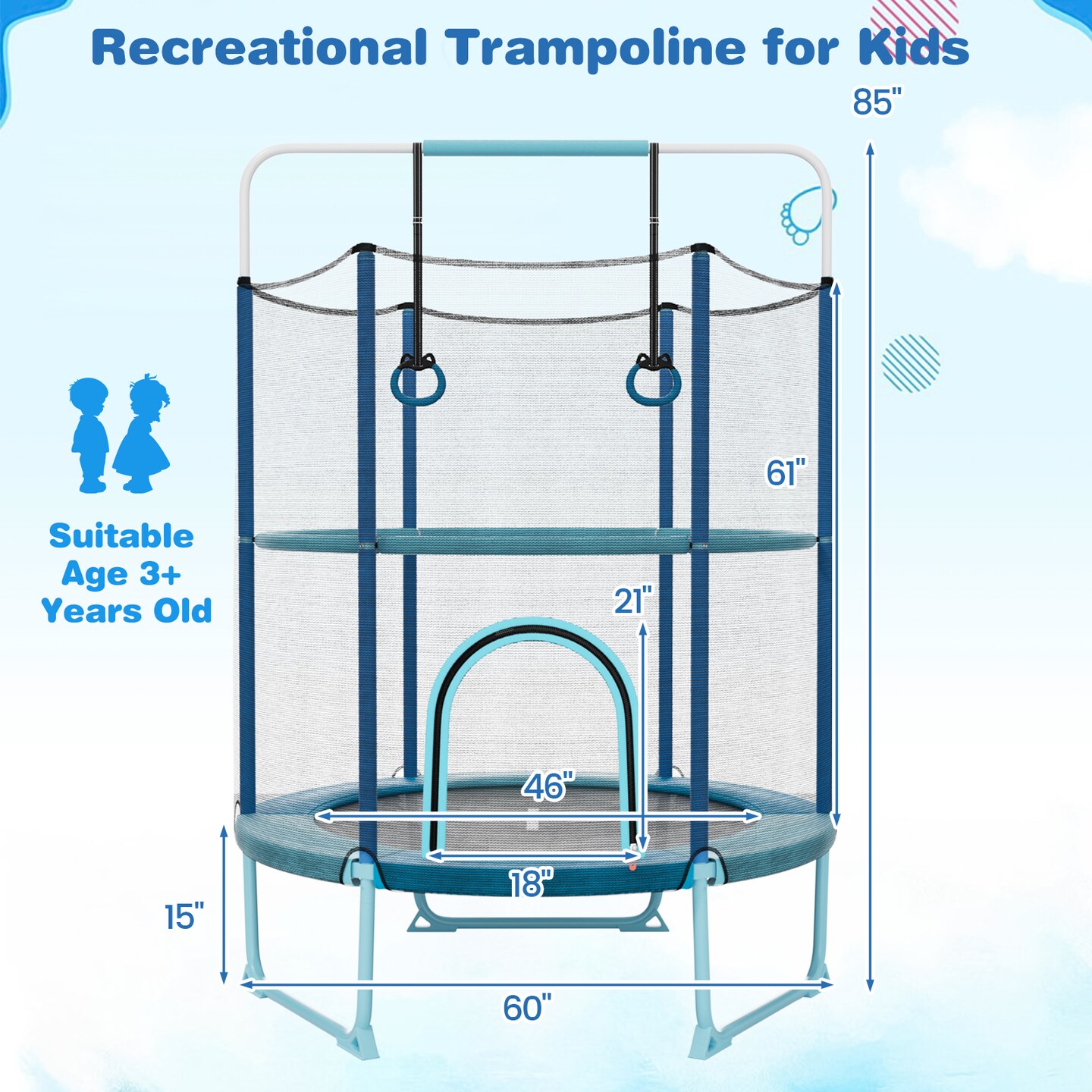 Metal Kids Trampoline with Gymnastic Bar and Safety Net