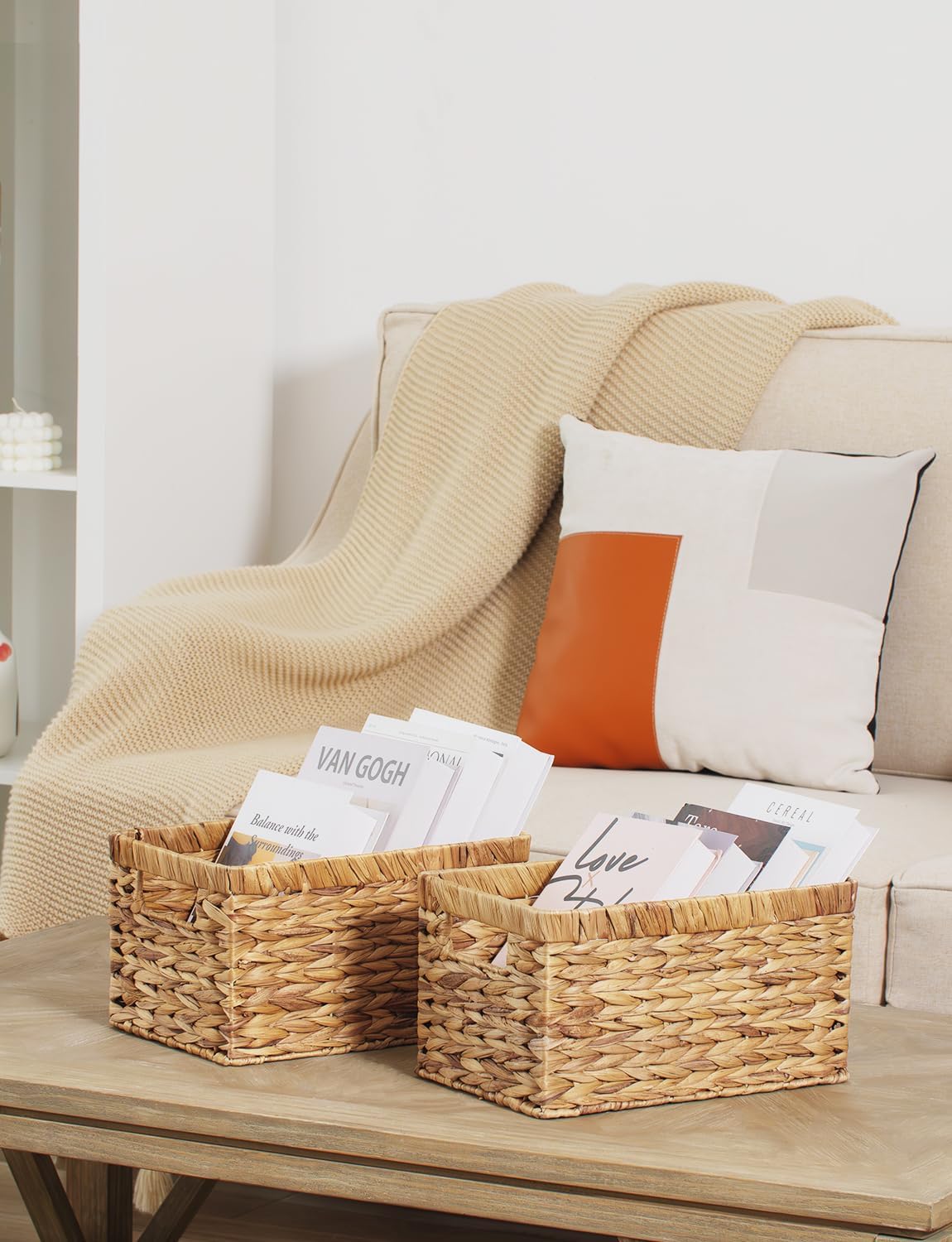 Wicker Basket, Baskets for Organizing, Storage Basket with Built-in Handles, Water Hyacinth Shelves