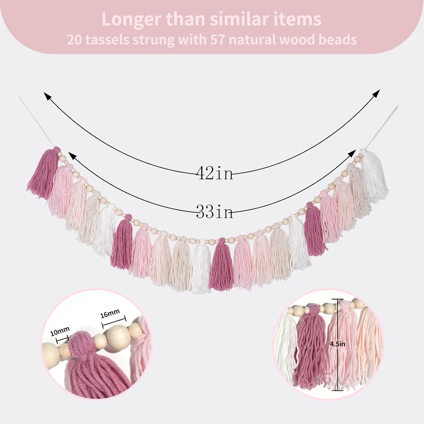 Pink Yarn Tassel Garland Boho Pastel Preppy Bunting Banner Wall Hanging Tassels for Nursery Kids Bedroom Dorm Room Baby Shower Birthday Classroom Office Party Wedding Decor