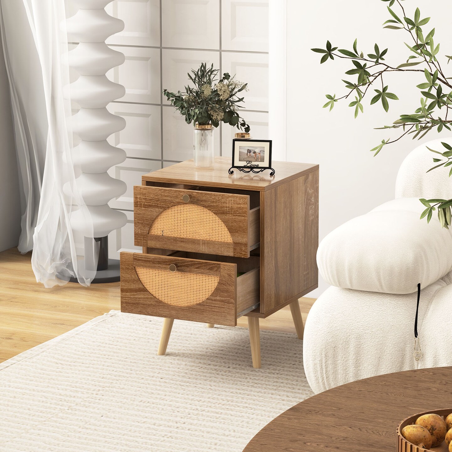 Bohemian Style Bedside Table with 2 Drawers and Solid Pine Wood Legs