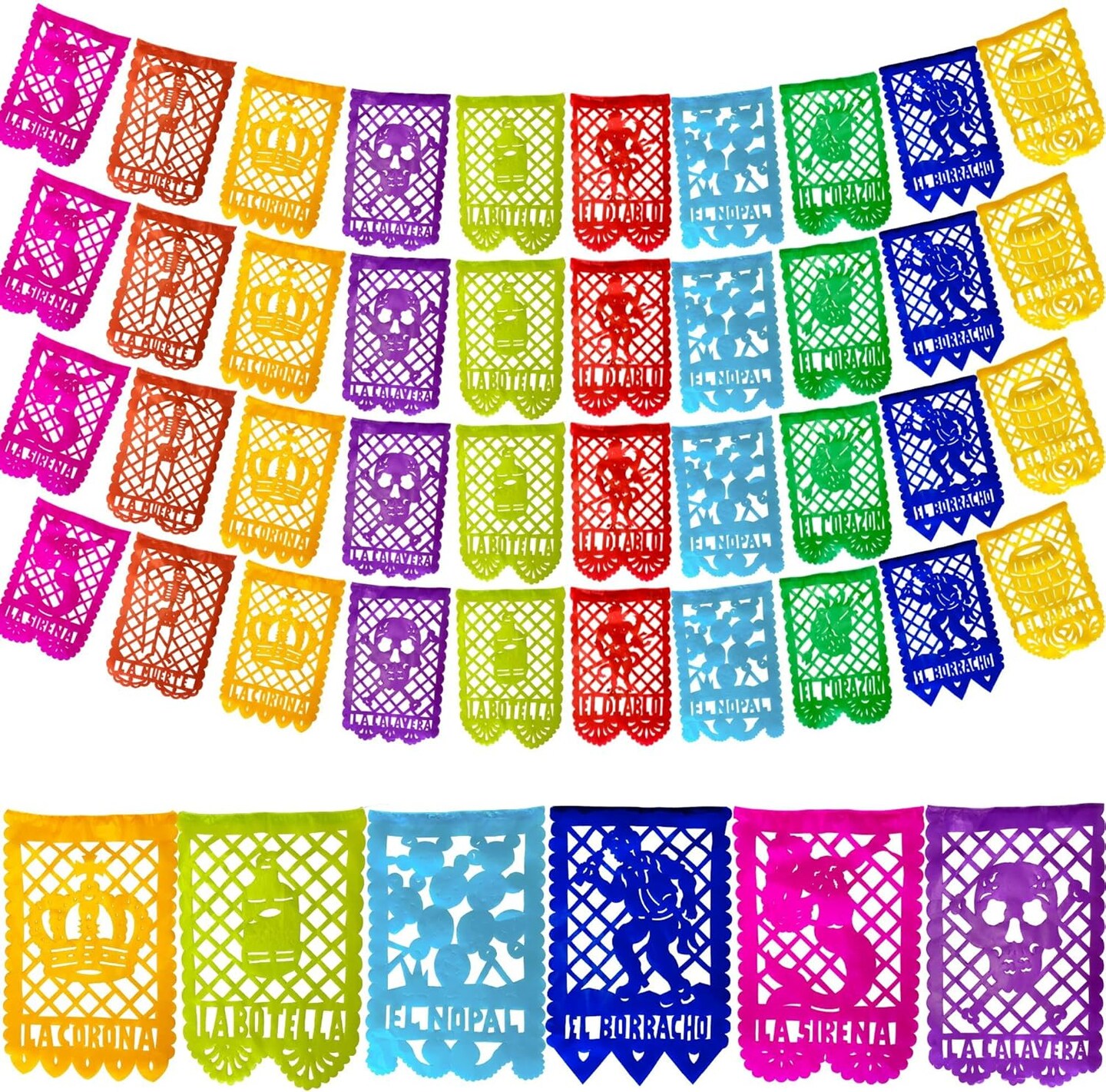 Mexican Party Banner Set (50-ft, PAPER) - Papel Picado with Mexican Bingo Card Designs - Party Decorations for Cinco de Mayo, Birthday Party Decor (4 strands x 12.5ft) - TexMex Fun Stuff