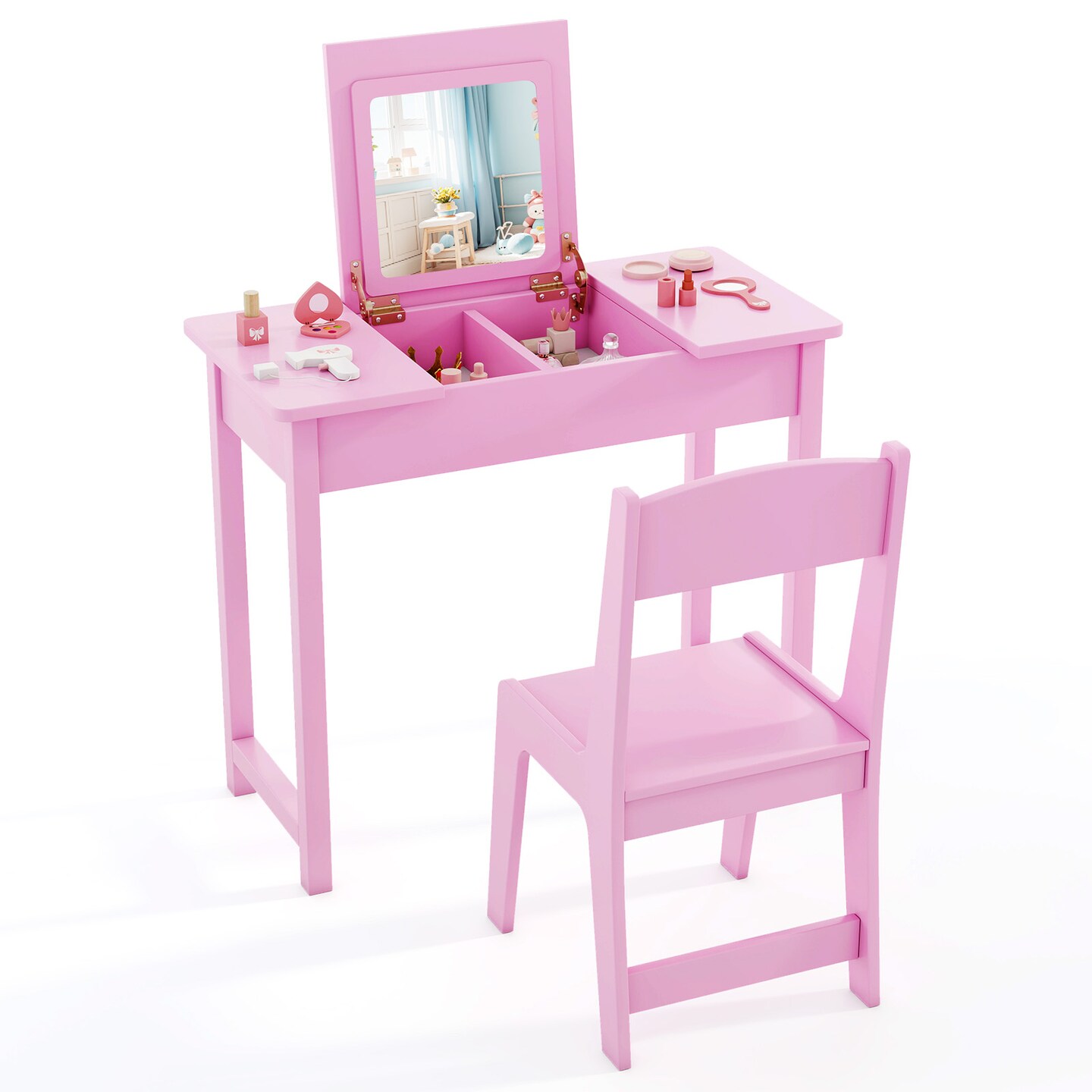 MDF Vanity Table and Chair Set with Acrylic Mirror and Storage