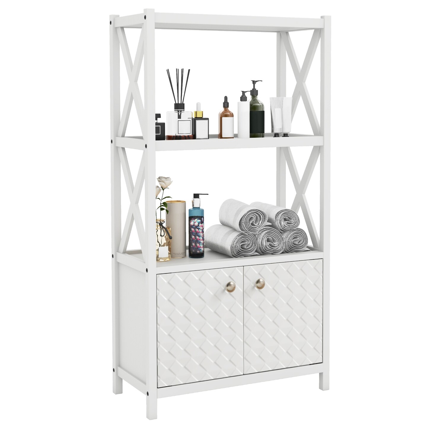 Tall Freestanding Floor Bathroom Storage Cabinet with 2-Tier Open Shelves and Magnetic Doors