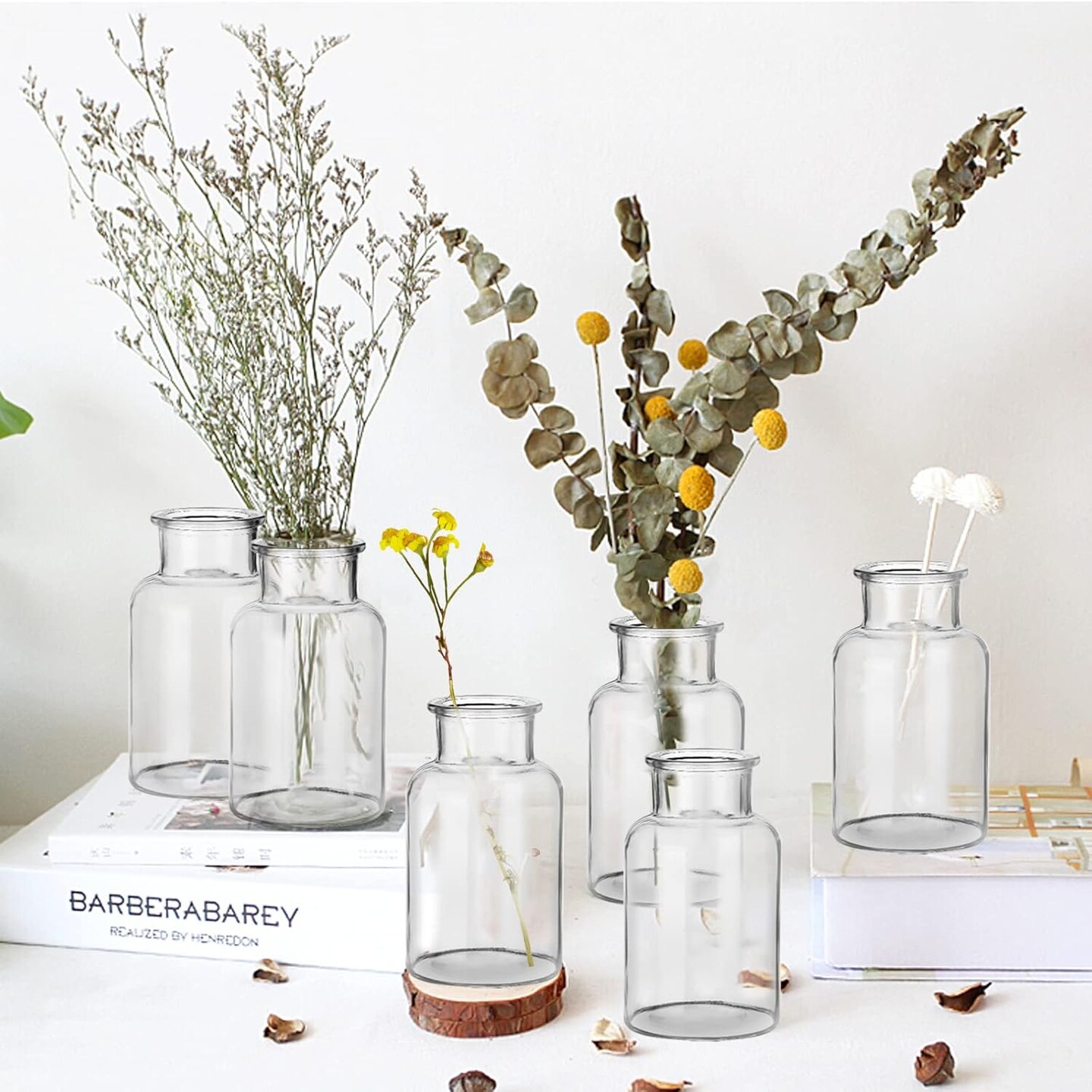 Set of 6 Glass Vases, Clear Glass Bud Vases, Small Flower Vases, Decorative Glass Bottles, Vintage Look Apothecary Jars for Wedding Dining Table Home Decor (Wide Clear)