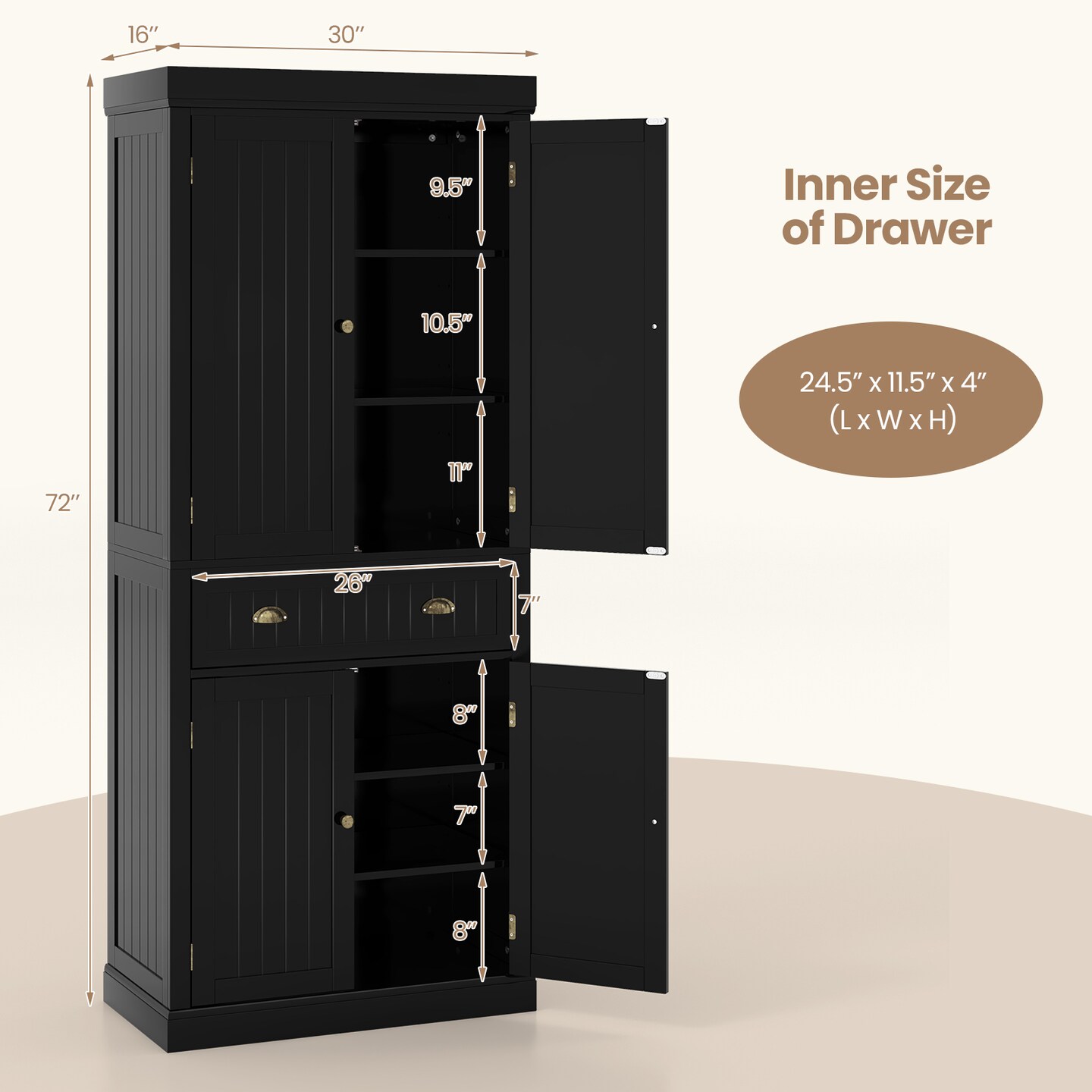 Freestanding Tall Kitchen Cabinet with 3-Position Adjustable Shelves and Large Capacity Drawer