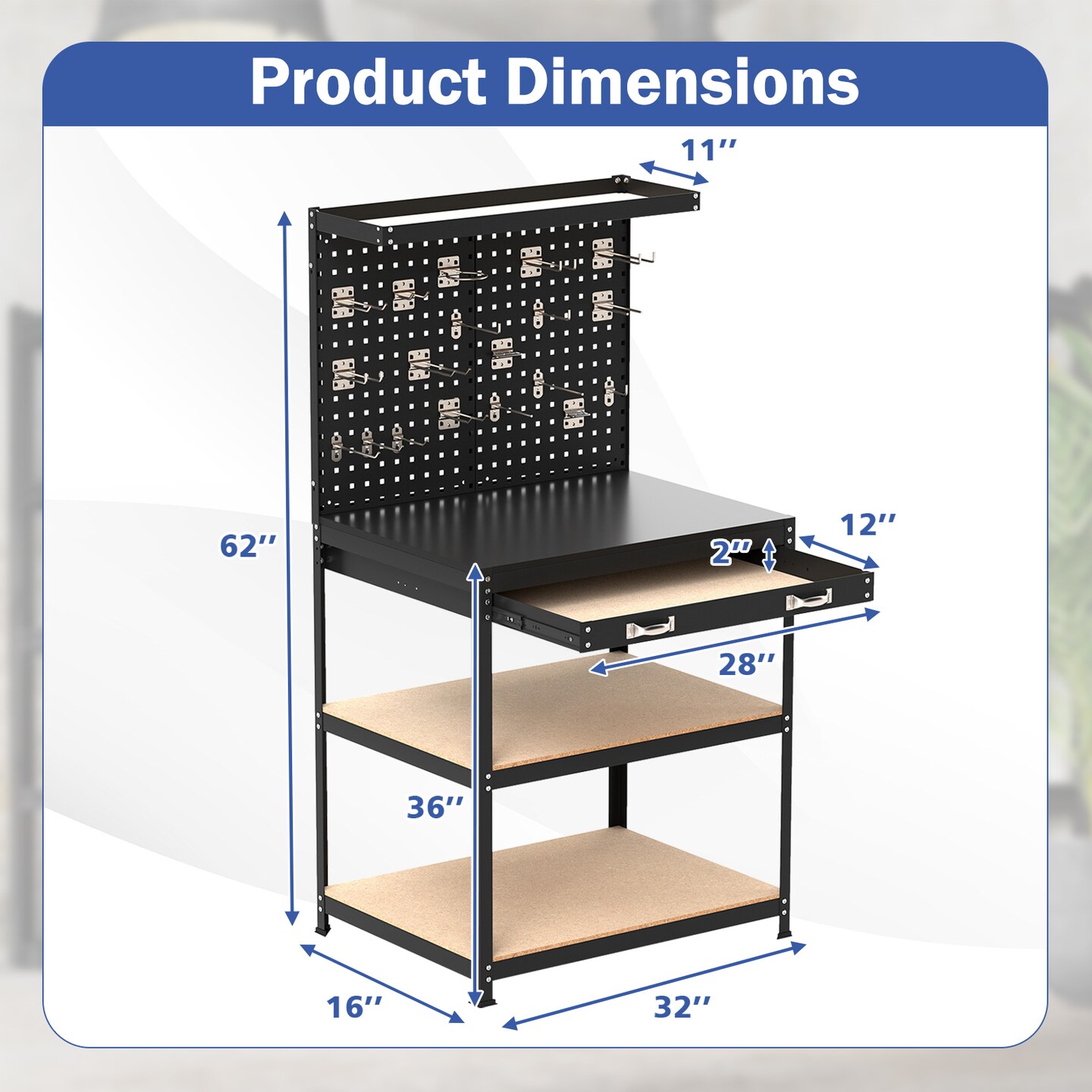 Tool Organizer Workbench with 20 Pieces Hanging Accessories Suitable for Home or Garage Use