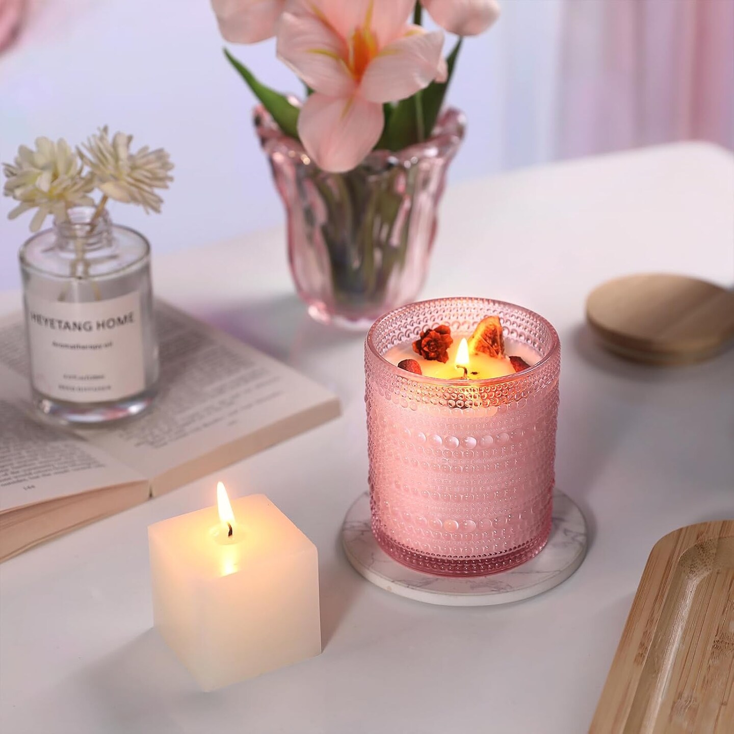 12 Pack Pink Candle Jars for Making Candles- 8 OZ Empty Glass Candle Making Jars with Bamboo Lids and Labels, Candle Containers Candle Making Jars for DIY Gifts