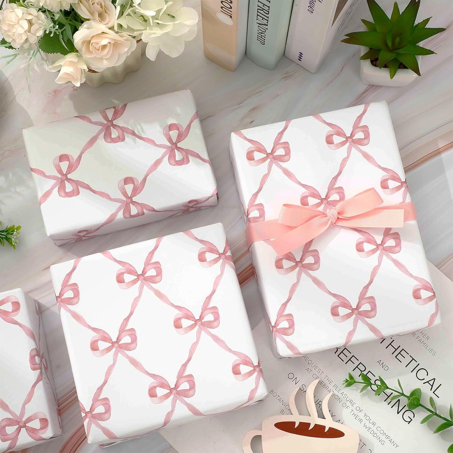 6 Sheets Pink Bow Wrapping Paper -Not Roll- Gift Wrap Paper Folded Flat Large Craft Paper for Birthday Baby Shower Party Supplies, 27.6 x 39.4 Inch