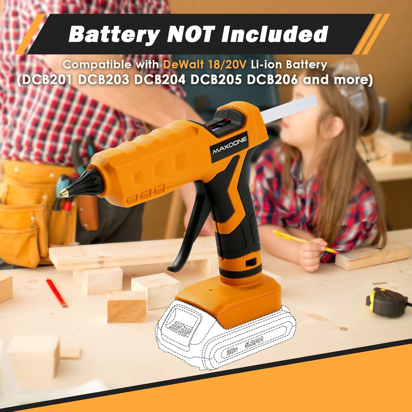 Cordless Hot Glue Gun 100W 20V Battery Handheld Wireless Power Glue Gun Full Size with 12pcs Glue Sticks(0.43")(11mm) for Art DIY Craft Home Repair School(Battery Not Included)