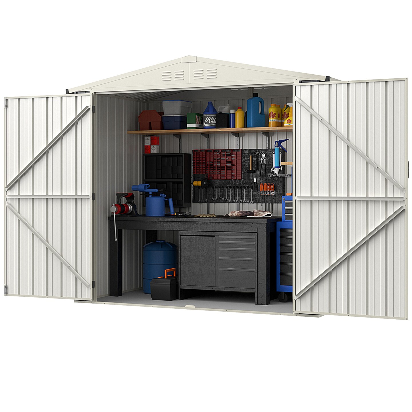 Grey 7 x 4 Feet Metal Multi-functional Outdoor Storage Shed with 2 Lockable Door