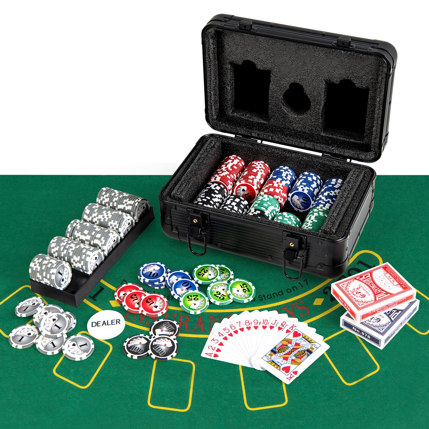 300 Poker Chip Set with Lockable Aluminum Case and Poker Felt Cards Dealer Button