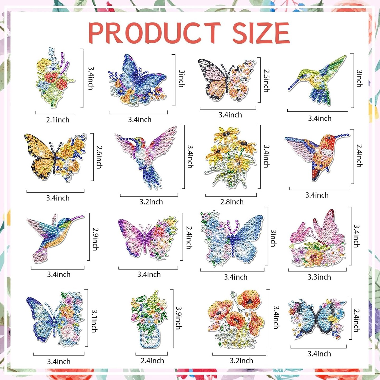 Diamond Painting Art Refrigerator Magnets - 16 PCS DIY Butterfly Hummingbird Flower Fridge Magnet Set Floral Crystal Art Craft for Women Adults Beginners Home Decors