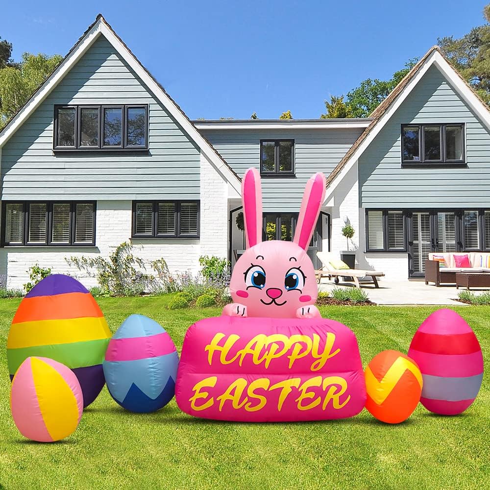 8FT Easter Inflatable Decorations Bunny with Eggs, Build-in LED Lights Holiday Blow Up Yard Decoration, for Easter Holiday Party, Outdoor,Garden, Yard Lawn Decor
