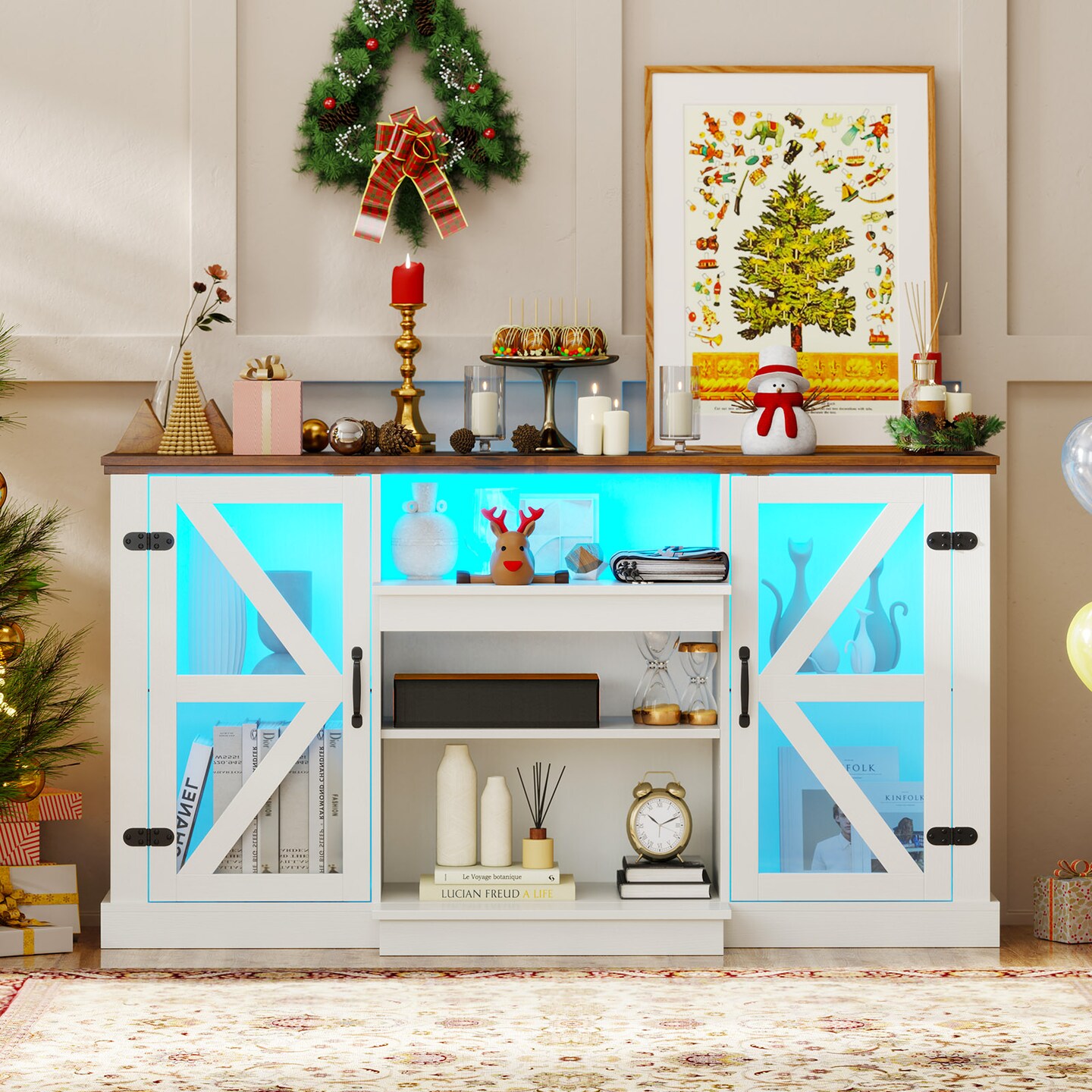 White Tempered Glass TV Stand with LED Lights, Adjustable Shelves and Console Table Storage