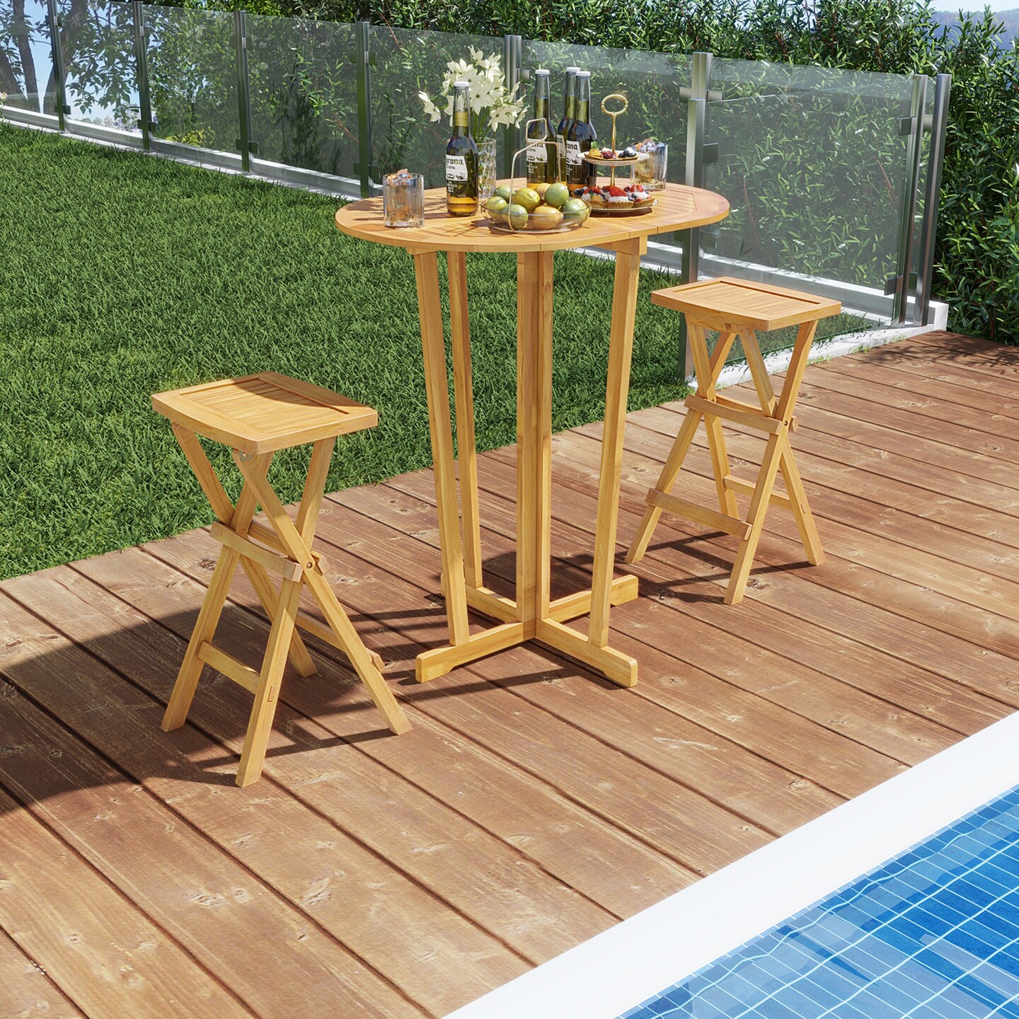 Natural Teak Wood Folding Bar Table with Oval Top, Cross Base and Space-Saving Design