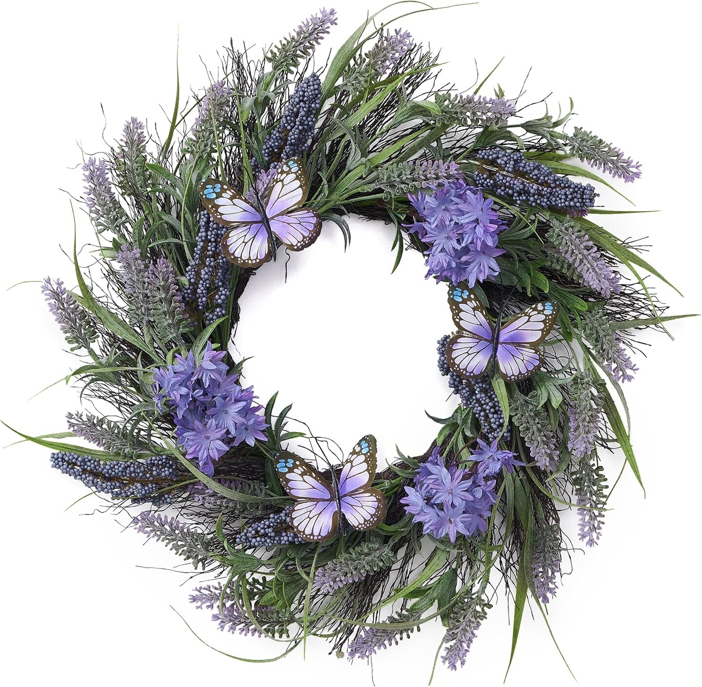 Spring Lavender Wreaths for Front Door with Lights, Artificial Spring Floral Wreath with Purple Bellflower Berries Butterfly for Wall Home Farmhouse Wedding Decor, Gifts for Mom-18''