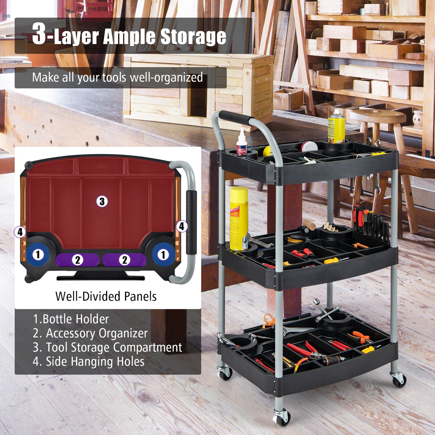 Black 3 Layer Detailing Tool Rolling Utility Cart with Multiple Divider and Bottle Holder
