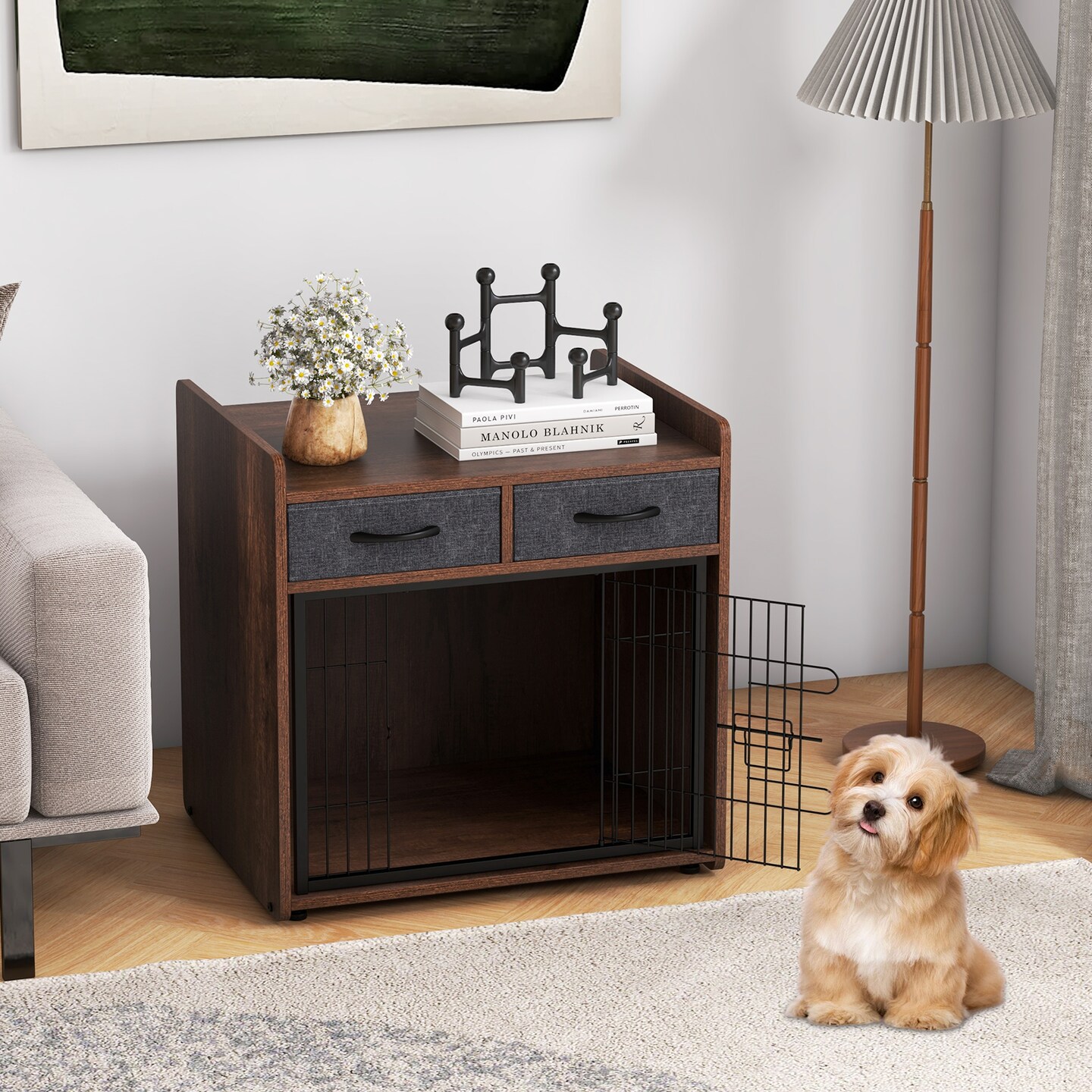 Brown Dog Crate Cage End Table with 2 Fabric Drawers Ideal for Small or Medium Pets