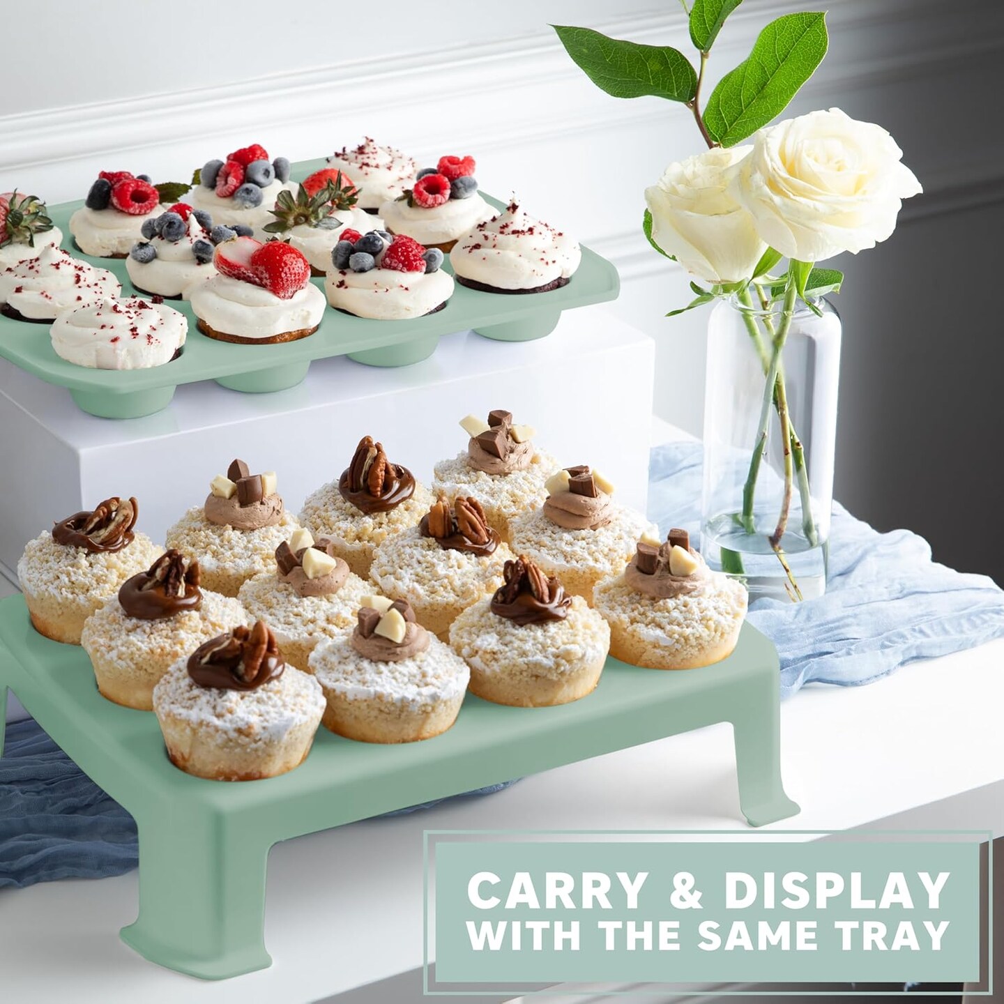 Cupcake Carrier 24 Count - Sturdy Cupcake Holder with Lid & 2 Handles, Stylish Two-Tier Cupcake Carrier/Stand, Spacious 3.5” Top & Bottom Tray