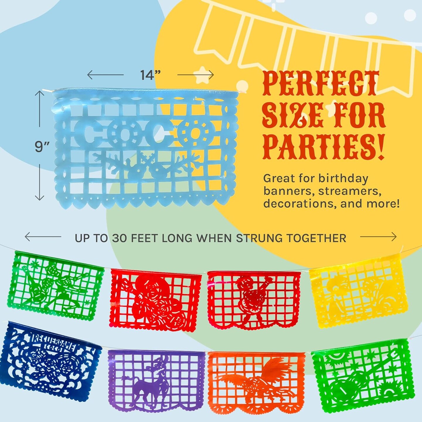 Coco Mexican Party Banners (30-ft; Plastic) | Mexican Papel Picado with Disney Coco Characters and Scenes | Fiesta Party Decorations for Cinco de Mayo, Birthdays, Holidays (2x15ft)