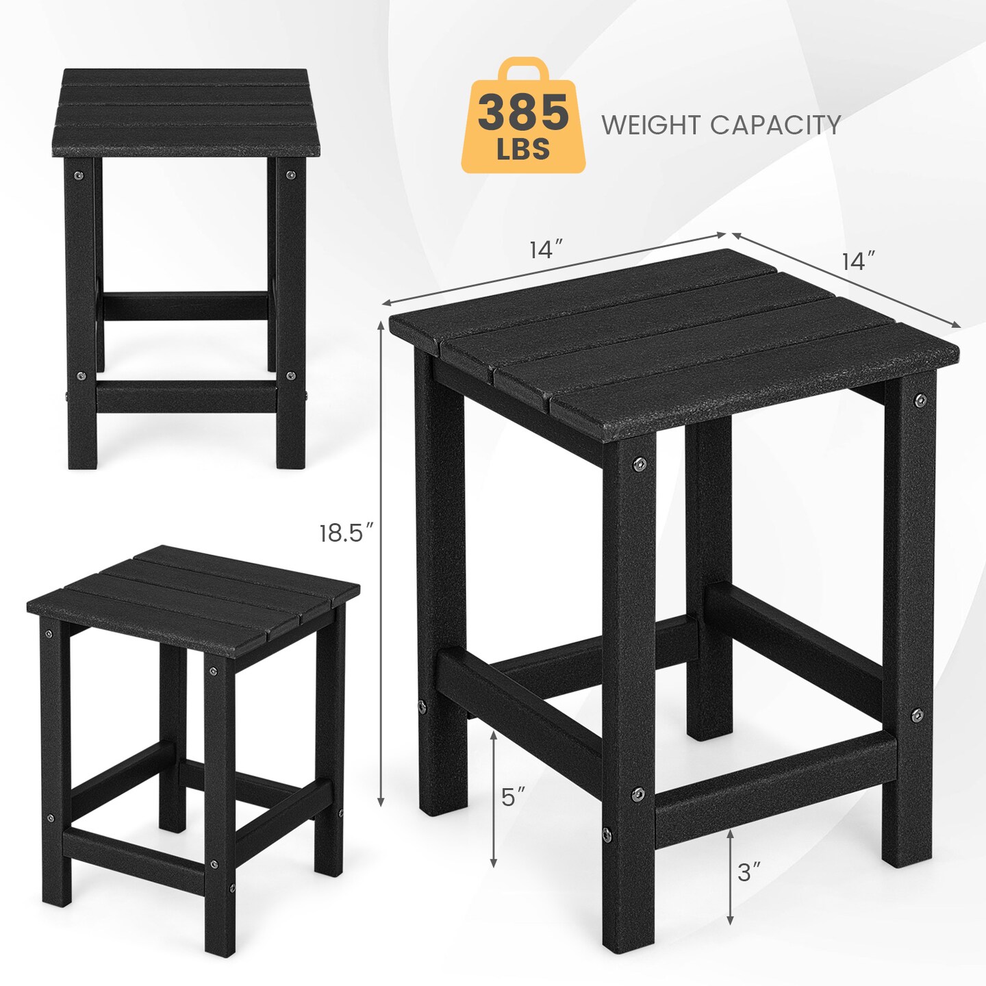 Set of 2 Small Square Patio Side Table in Black All-Weather HDPE Table for Garden or Backyard Use