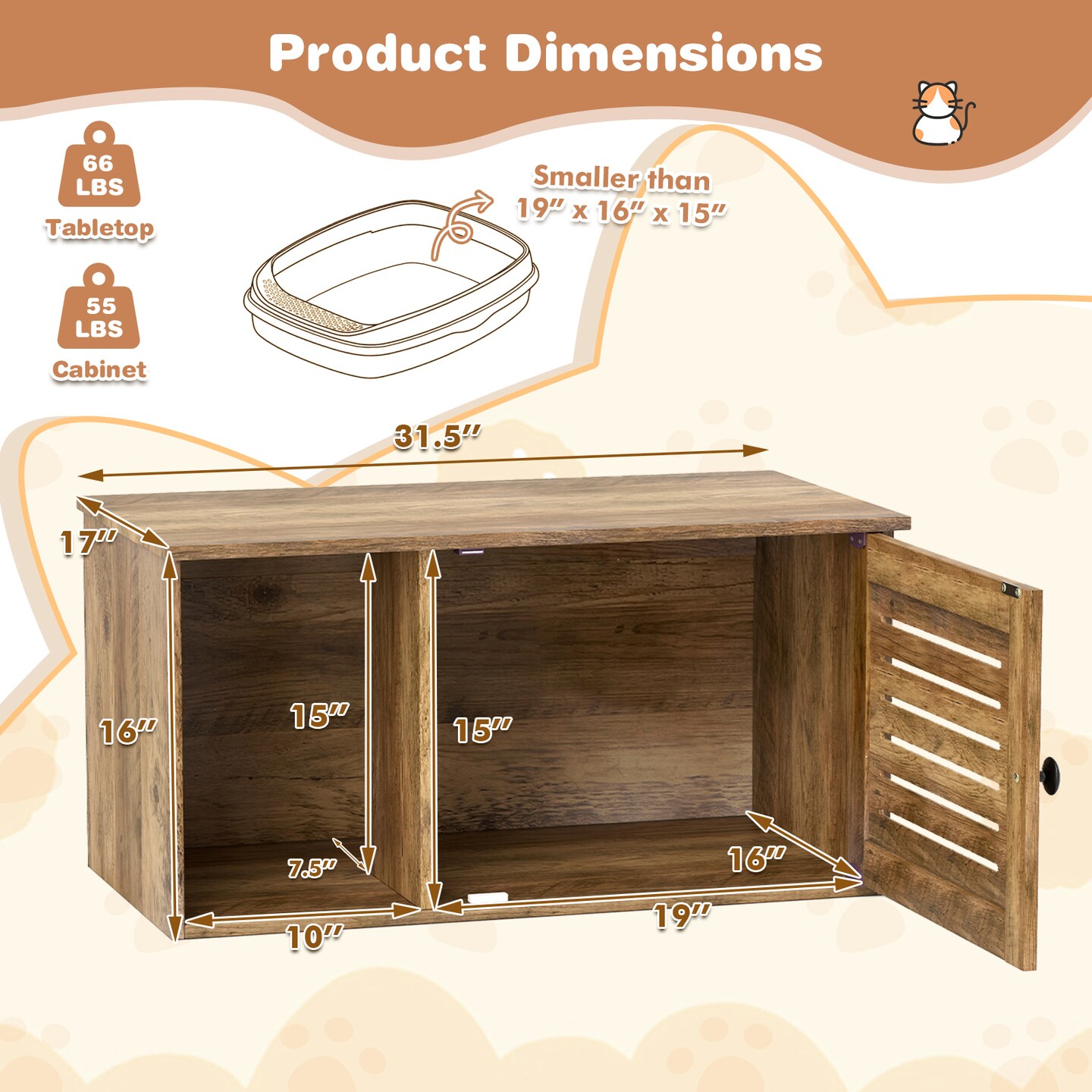 Oak Wooden Cat Litter Box Enclosure with Open Compartment and Louvered Shutter Door