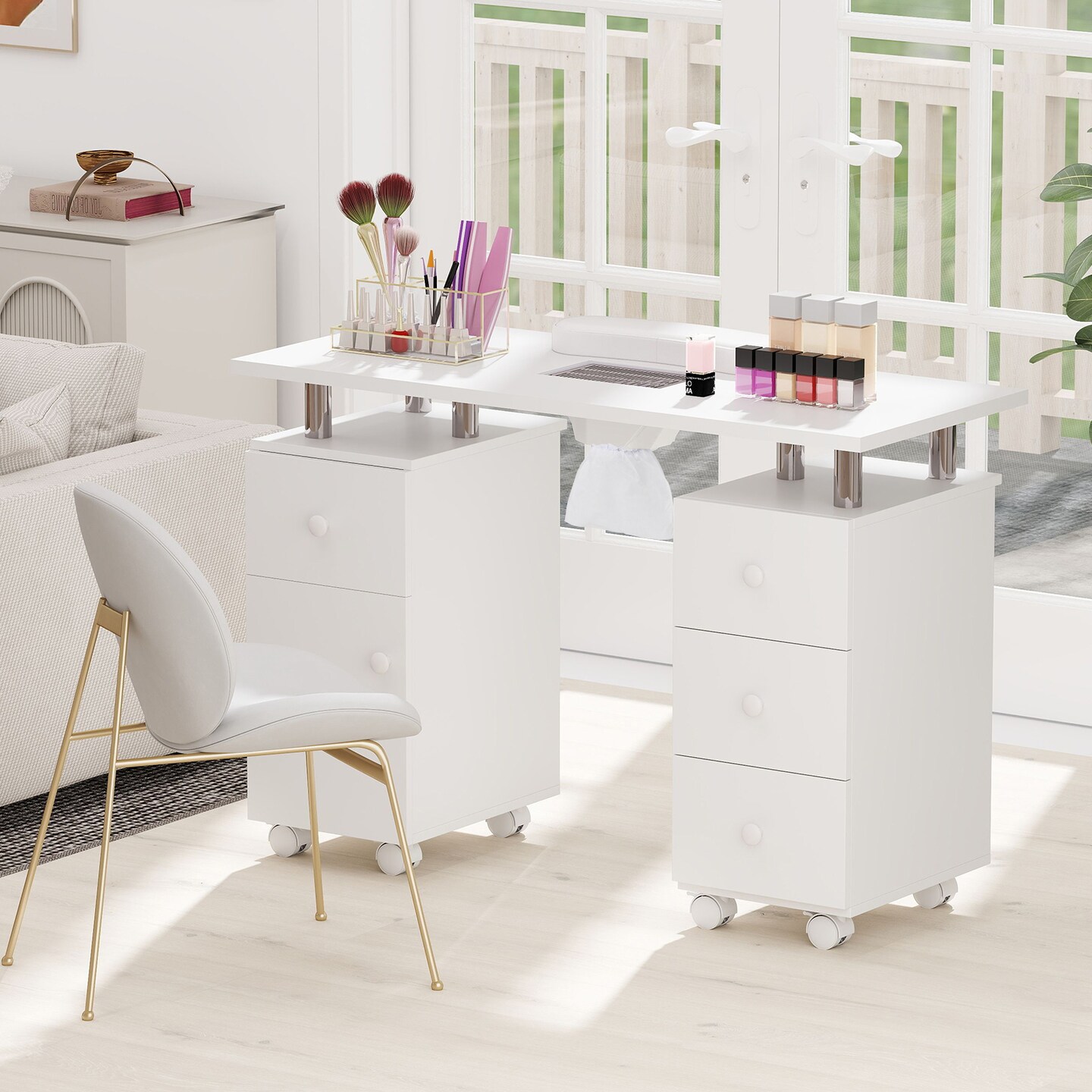 Manicure Table with Dust Collector, Storage and Wrist Rest Cushion