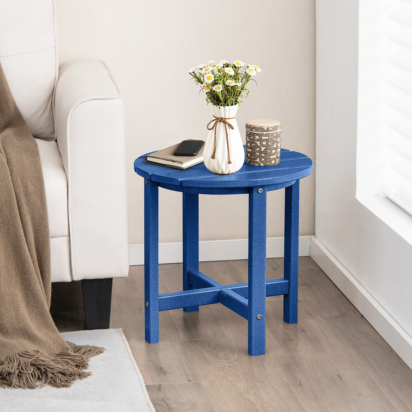 18 Inch Set of 2 Round Outdoor Adirondack Side Tables with Slatted Design and X-Shaped Structure